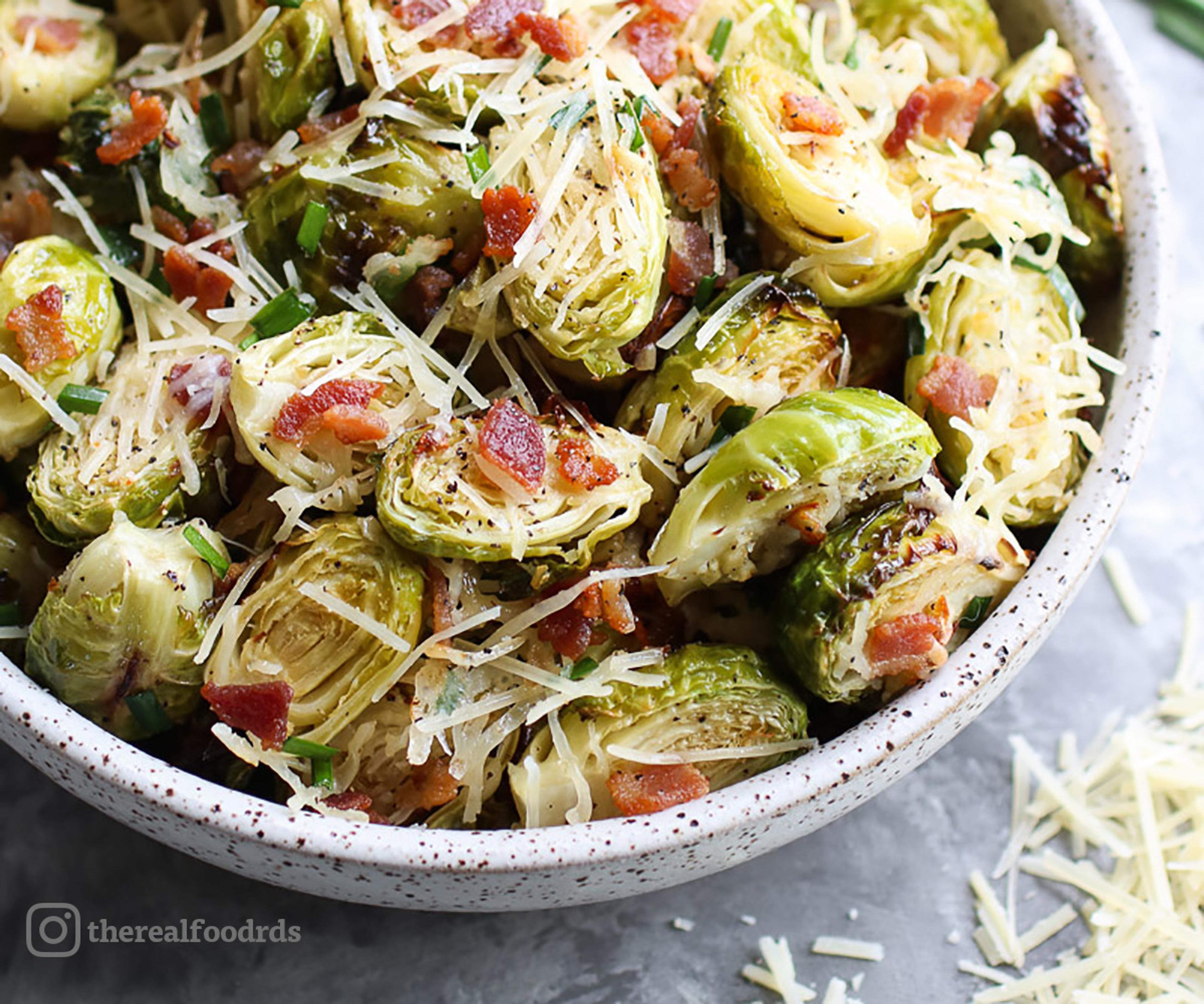 Parmesan Roasted Brussels Sprouts with Bacon. Recipe and photo by the Real Food Dietitians.