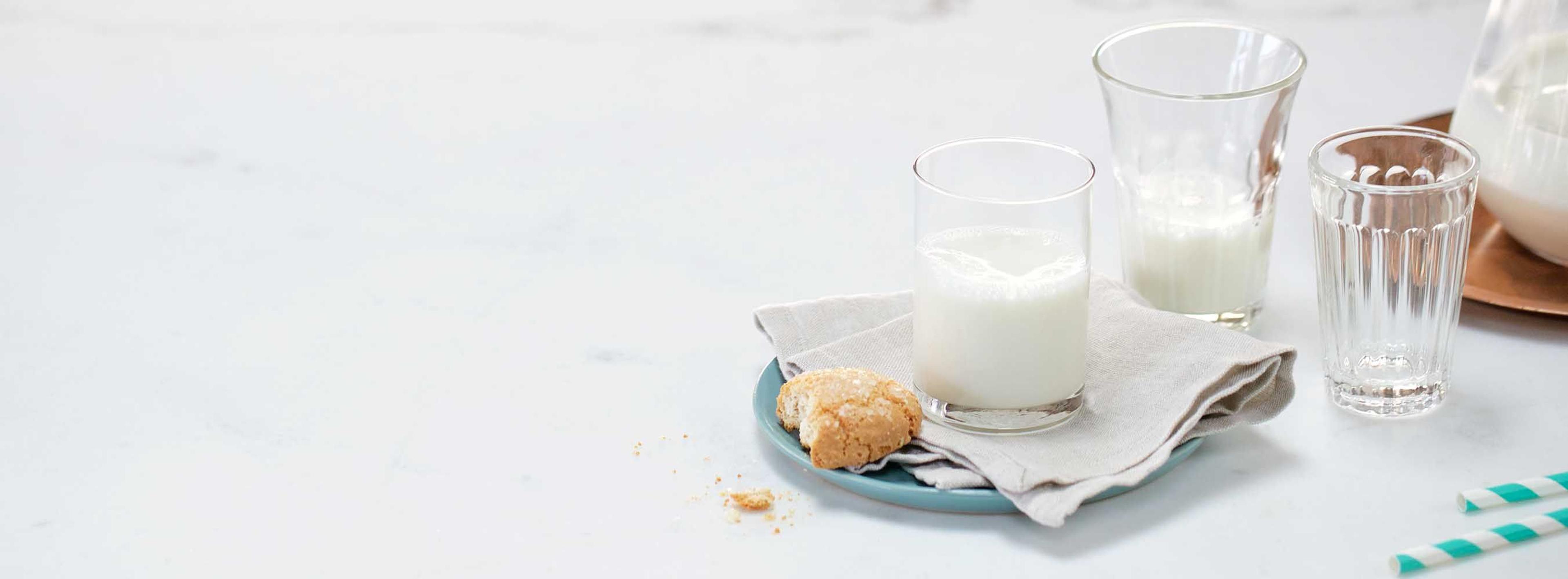 Glasses of milk on a plate with a half-eaten cookie next to it. 