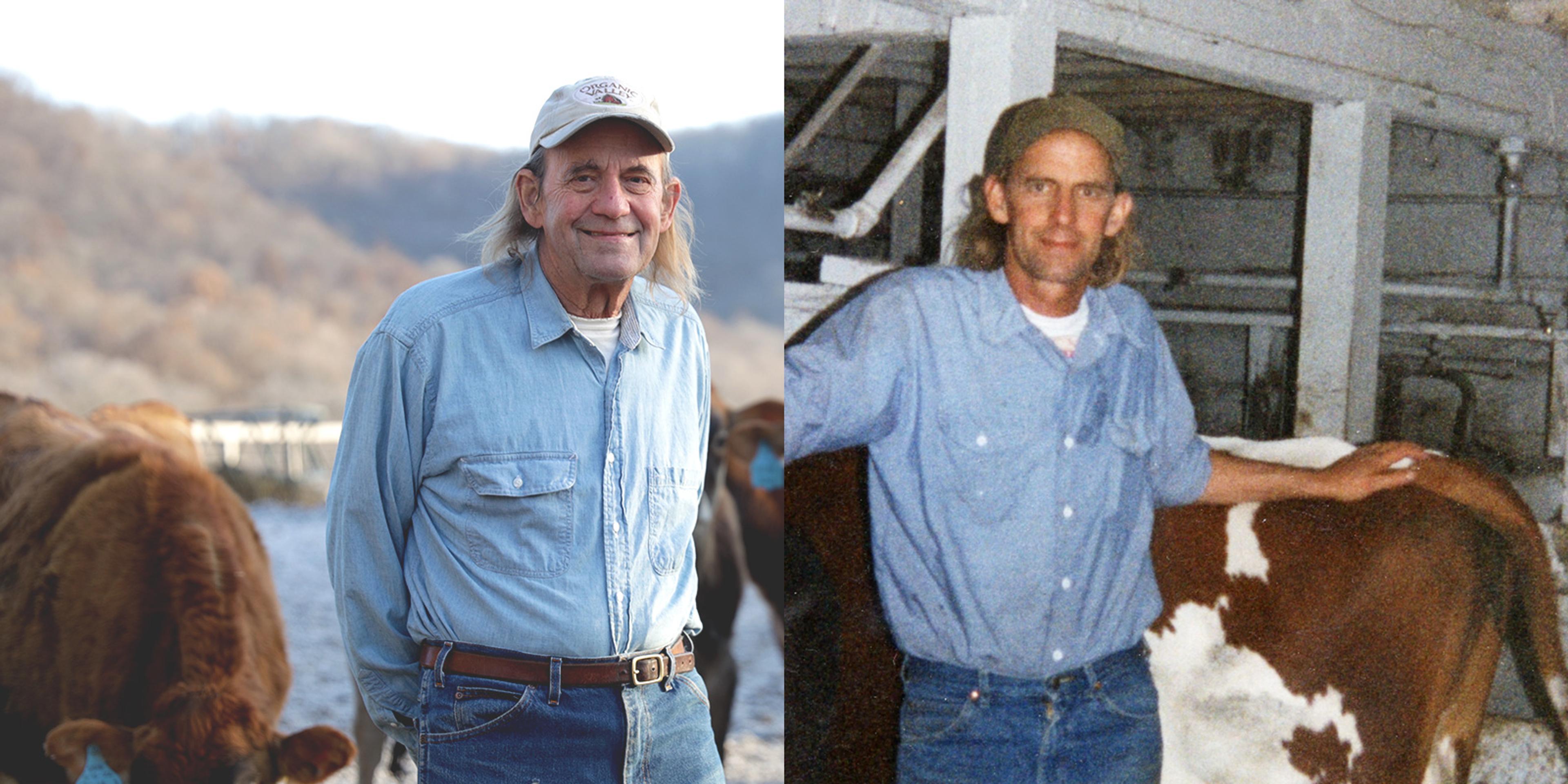 George Siemon is shown in side-by-side photos with cattle on his Wisconsin farm in 2023 and in a historical photo.