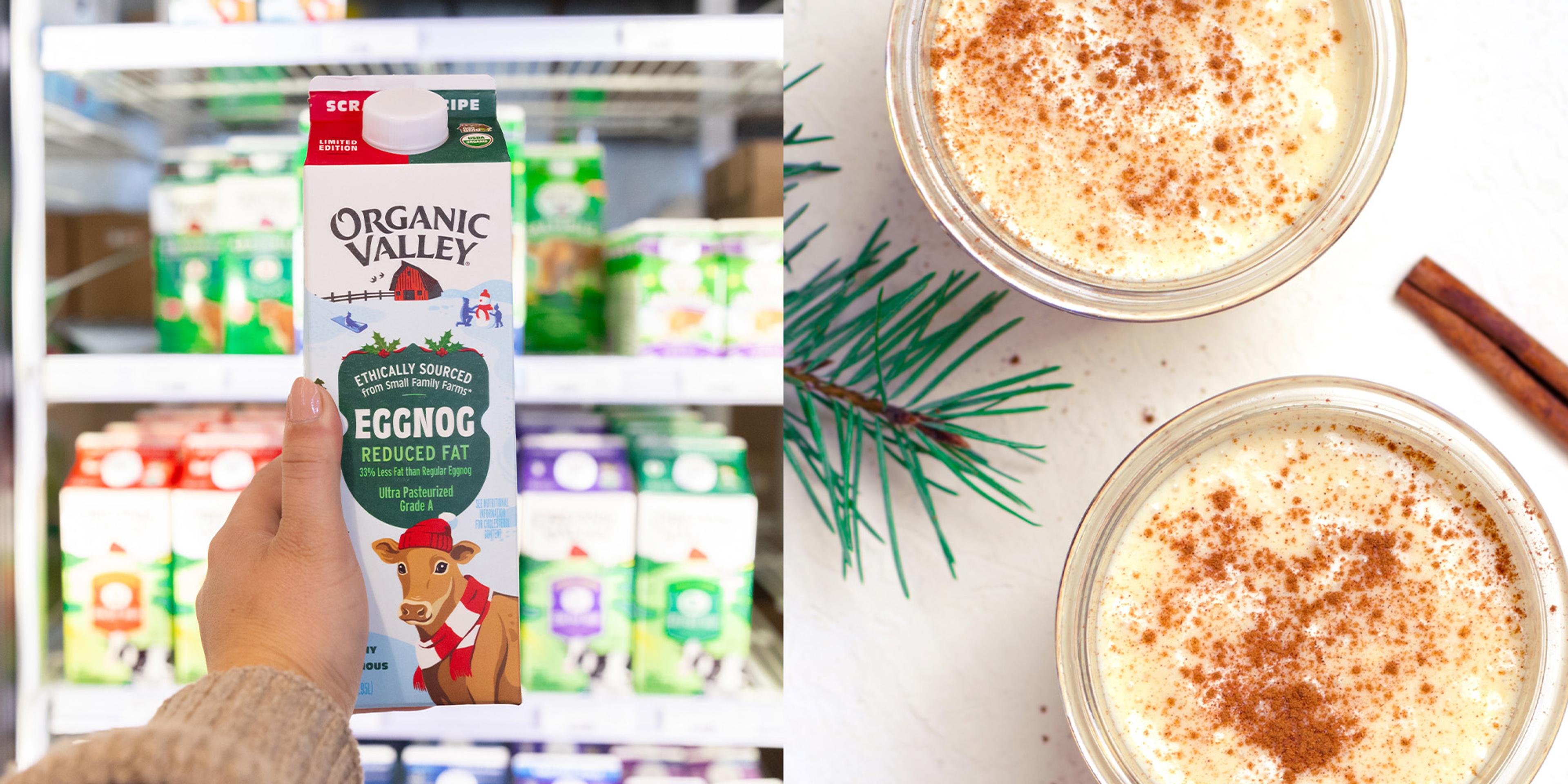 A carton of Organic Valley Eggnog in a shopper's hand along with two glasses of eggnog.