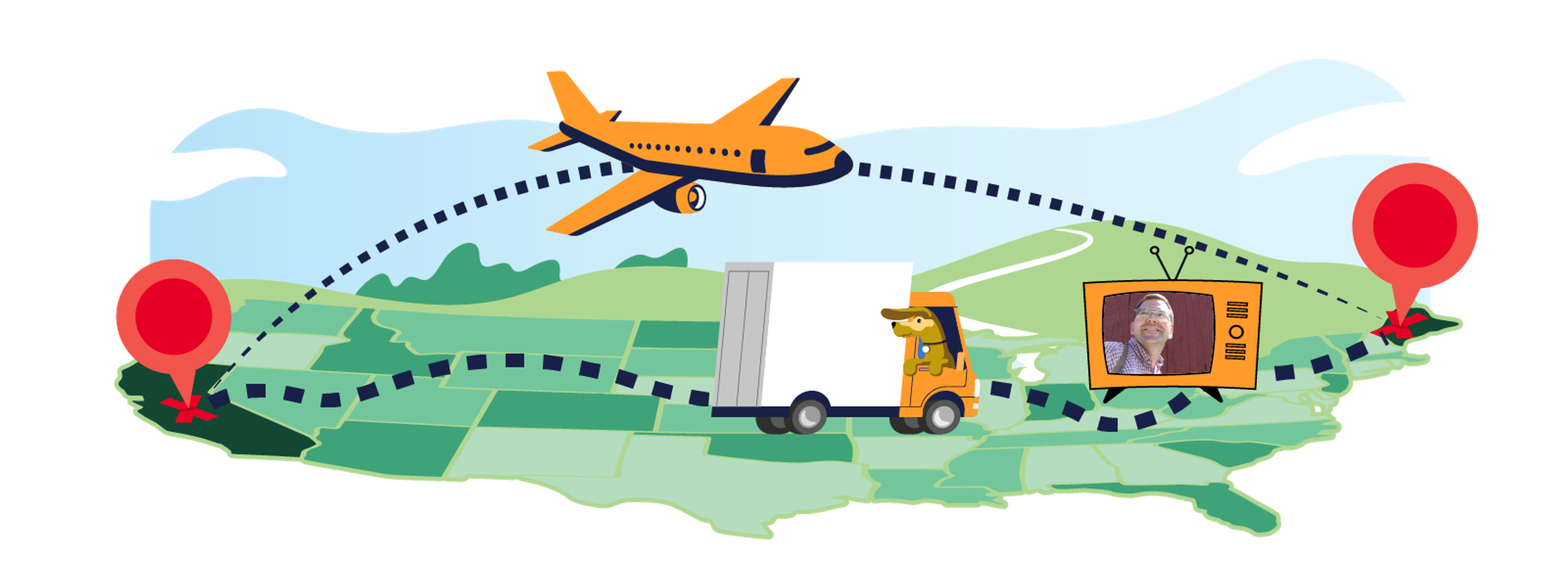  A graphic of a plane and moving truck on a U.S. map