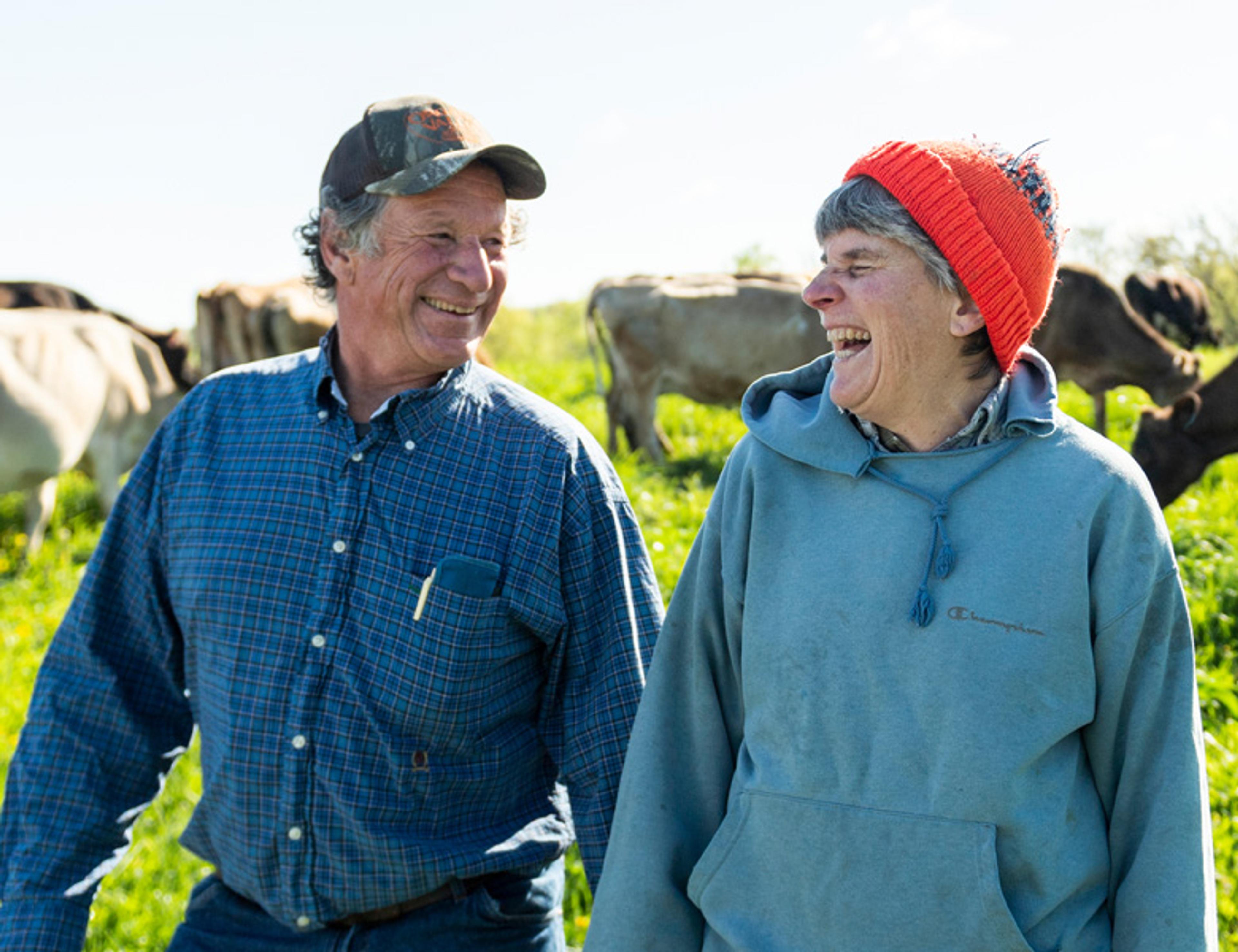 Two farmers laughing together with cows behind them.
