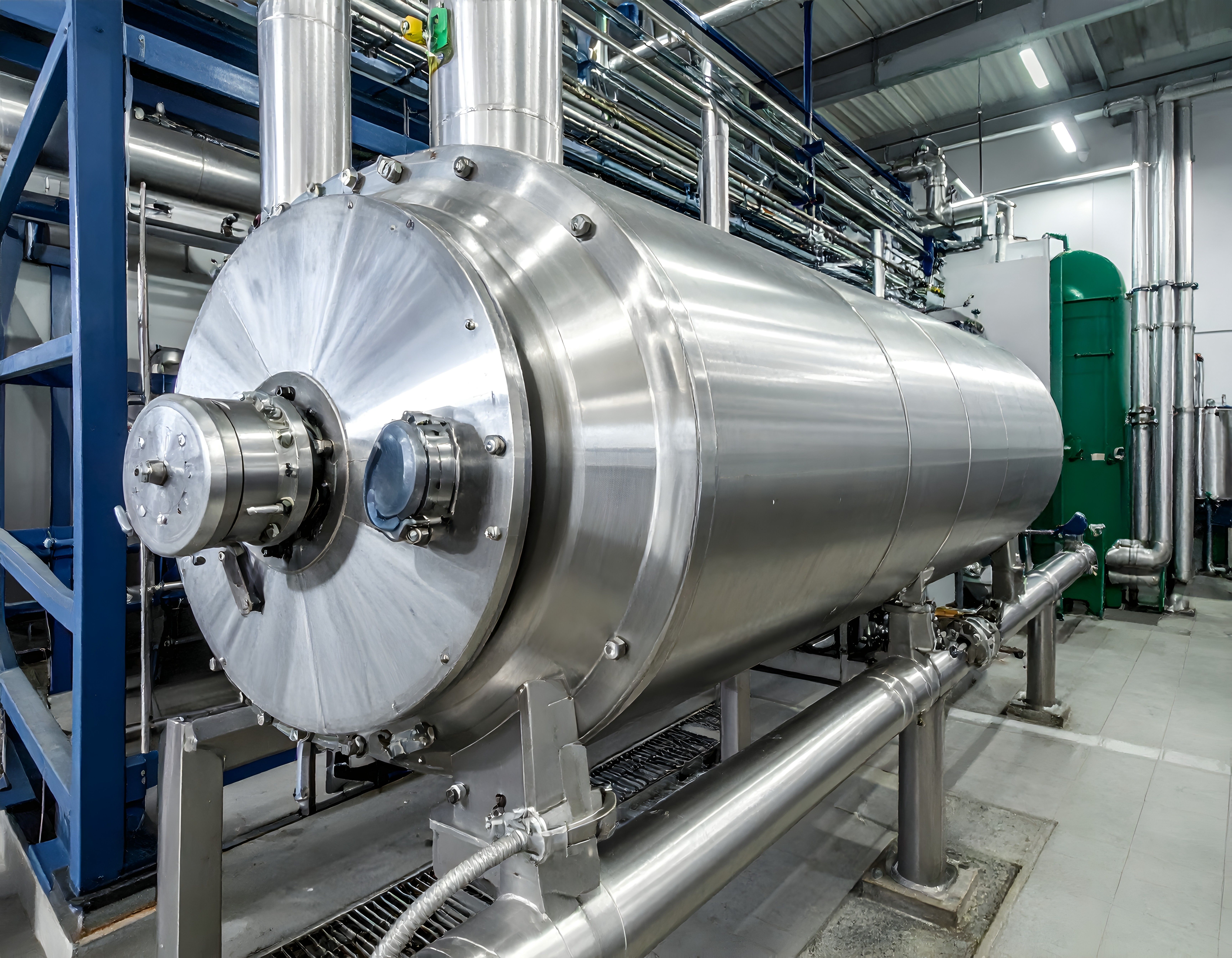 Industrial stainless steel vessel shown as application context; electroslag surfacing is not pictured.