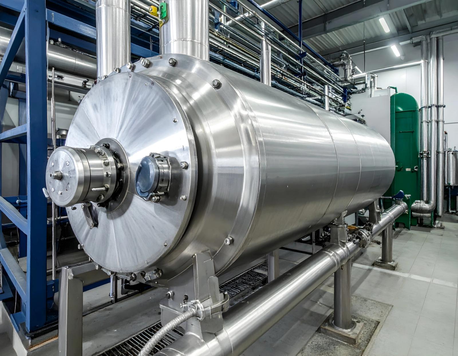 Industrial stainless steel vessel shown as application context; electroslag surfacing is not pictured.
