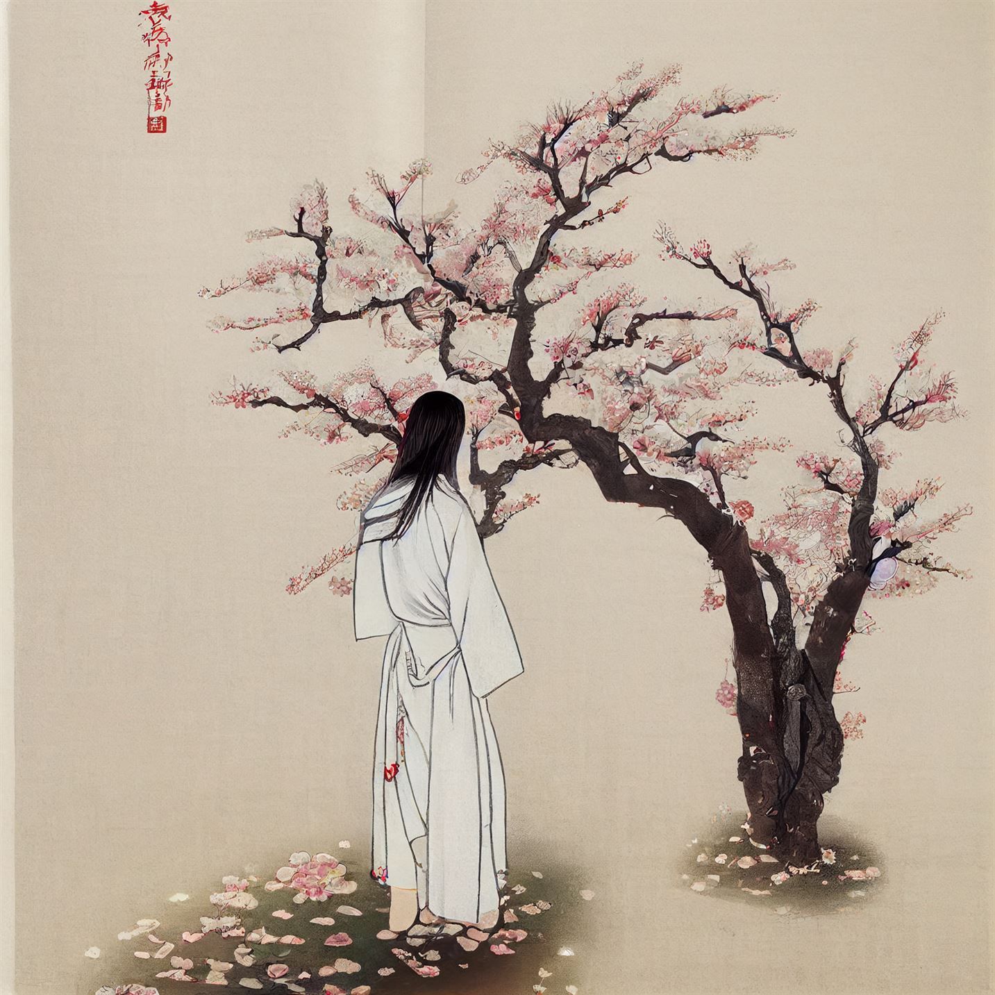 Girl standing under cherry blossom tree