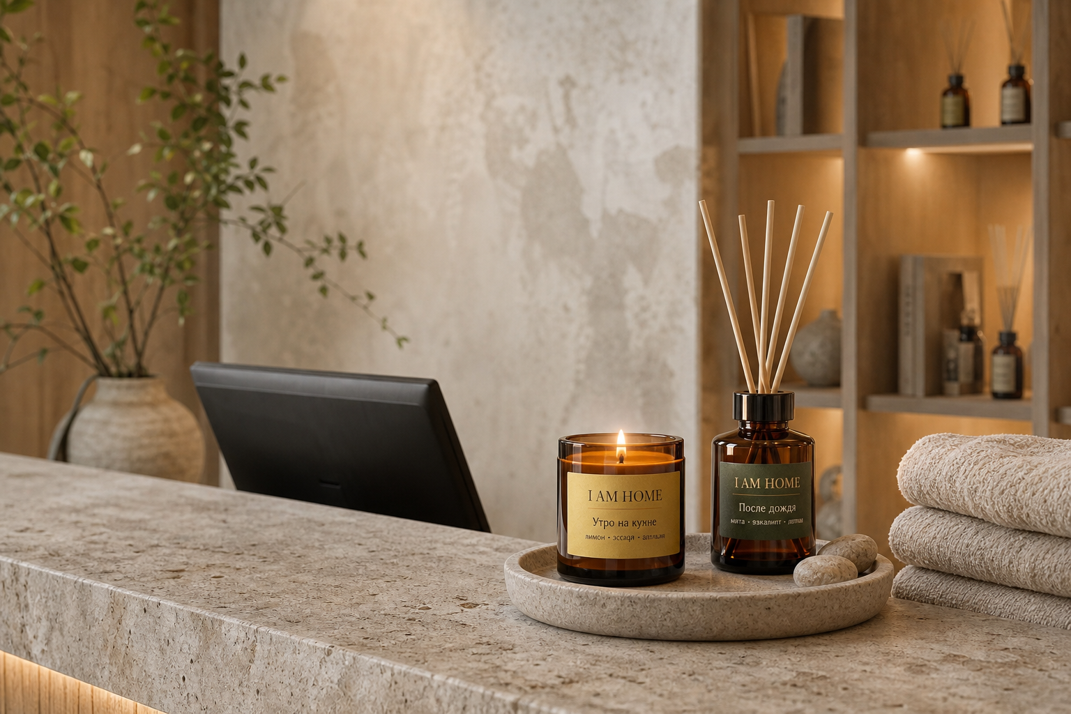 Свеча и диффузор I AM HOME в спокойном интерьере SPA