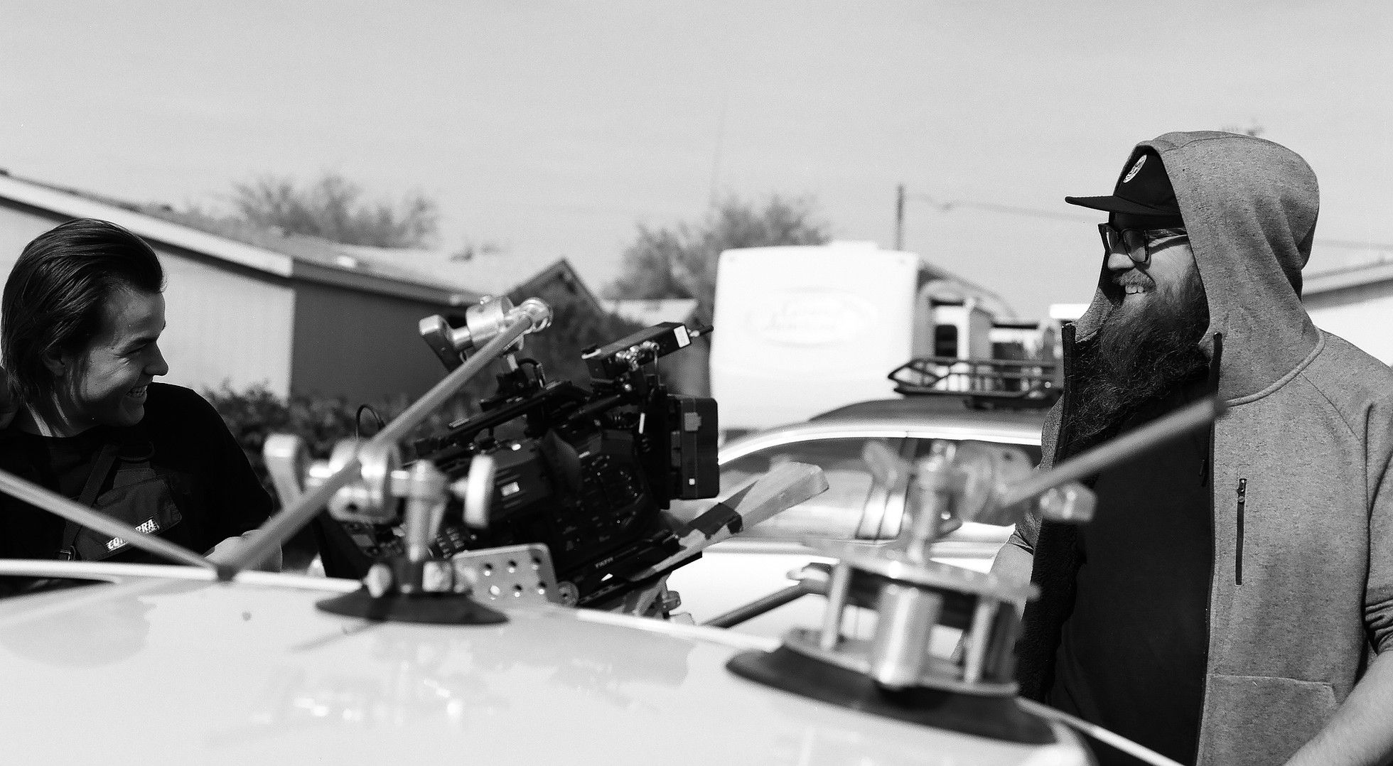 Camera crew preparing equipment on location