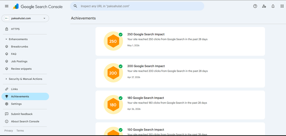 Google Search Console achievemtns last 28 days