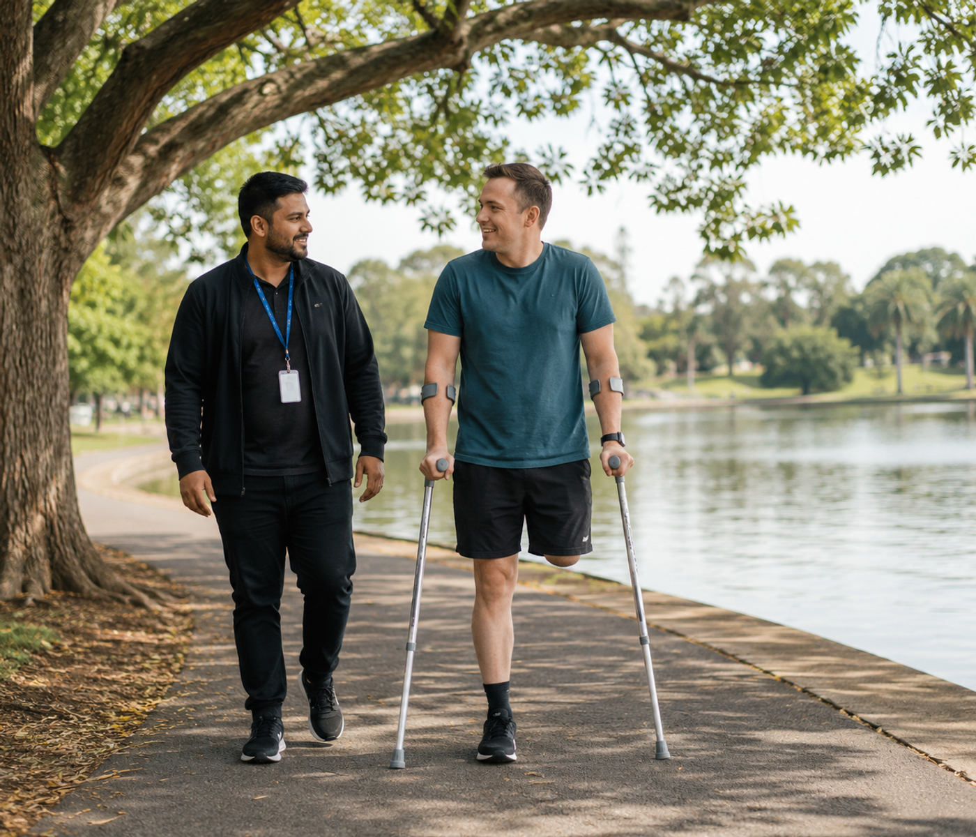Image of a NDIS participant taking walk with his support staff