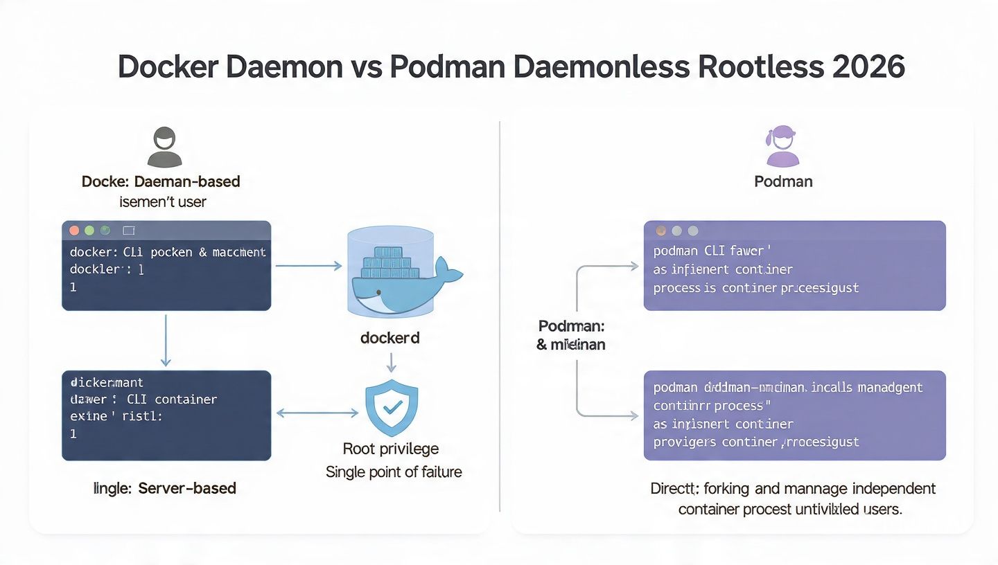 Docker daemon vs Podman daemonless rootless container architecture