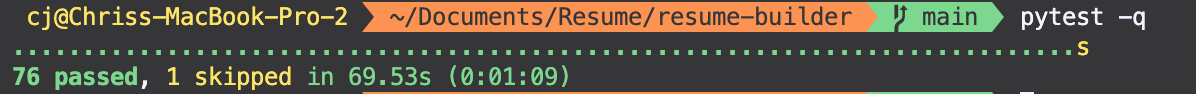 pytest output showing Fitted's ATS and cover letter tests passing for every preset.