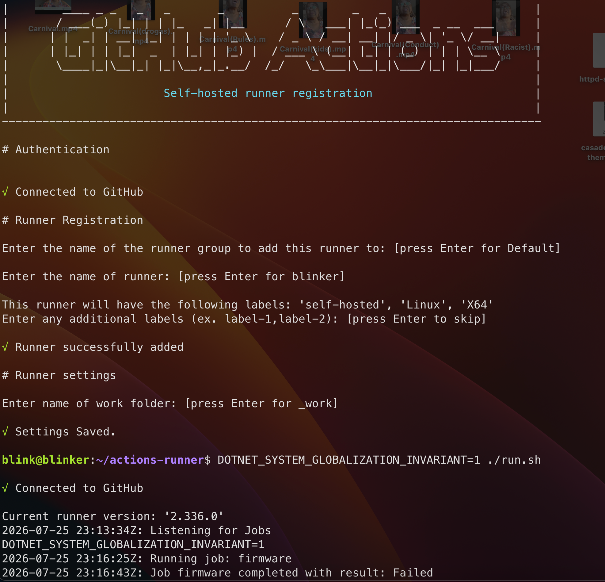 Self-hosted runner terminal showing authentication, registration, and first job run