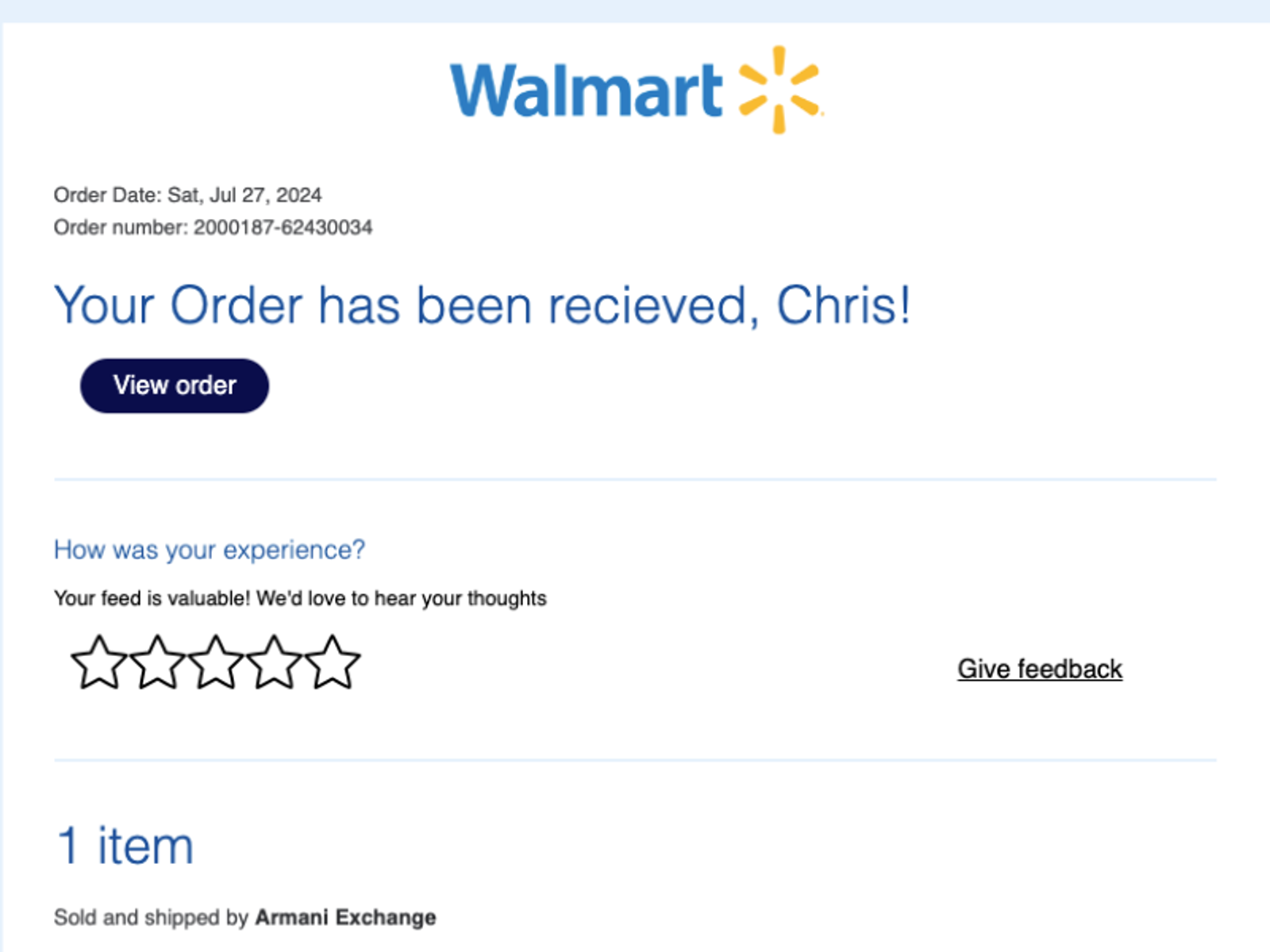 Walmart Transactional Email preview