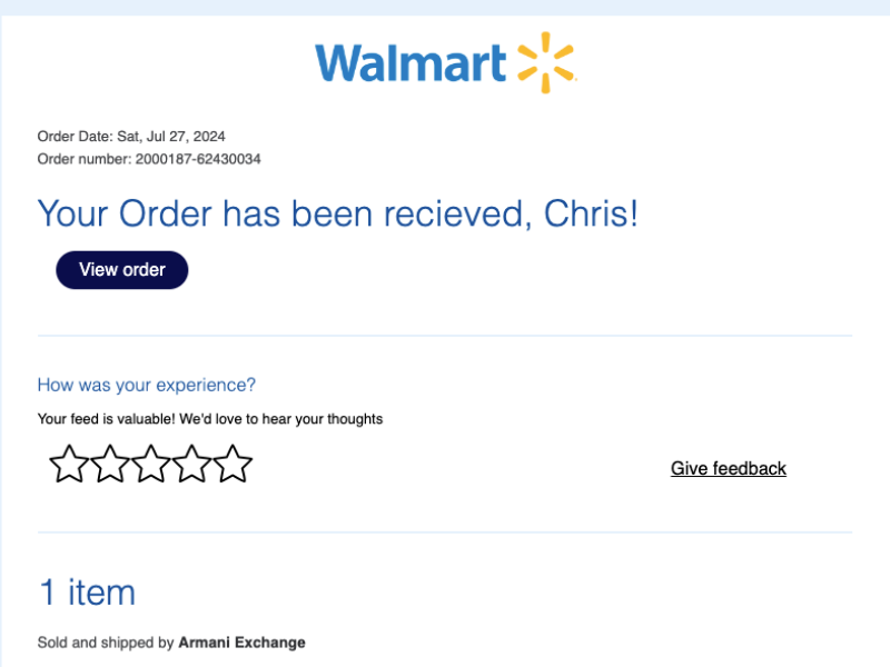 Walmart Transactional Email preview