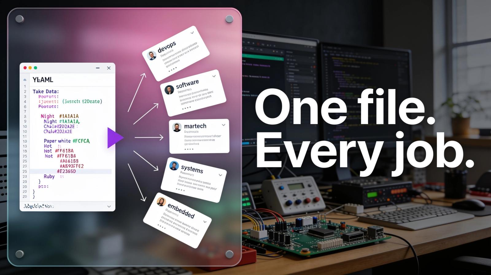 One YAML file fanning out into five resumes tailored for DevOps, software, martech, systems, and embedded roles.