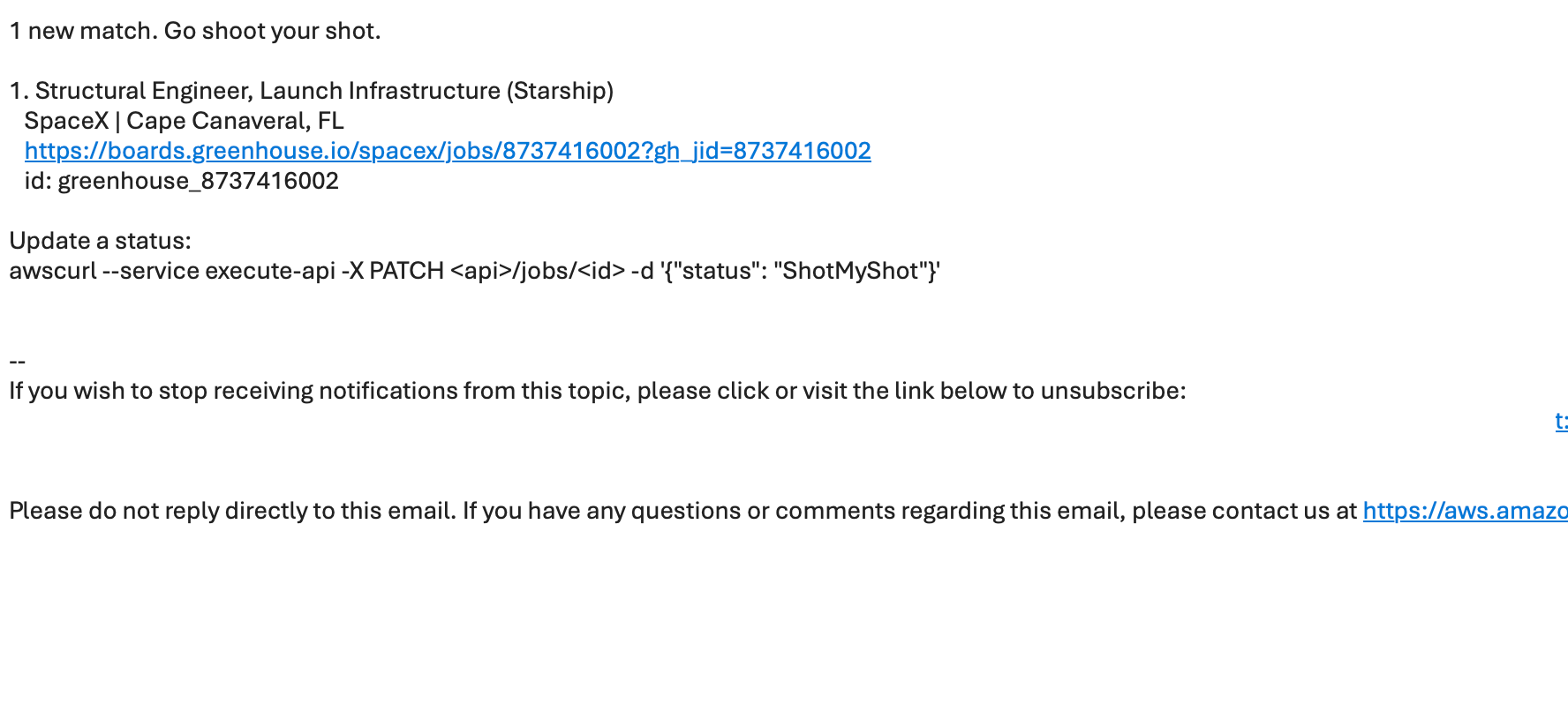Daily job digest email from AWS SNS listing a new match
