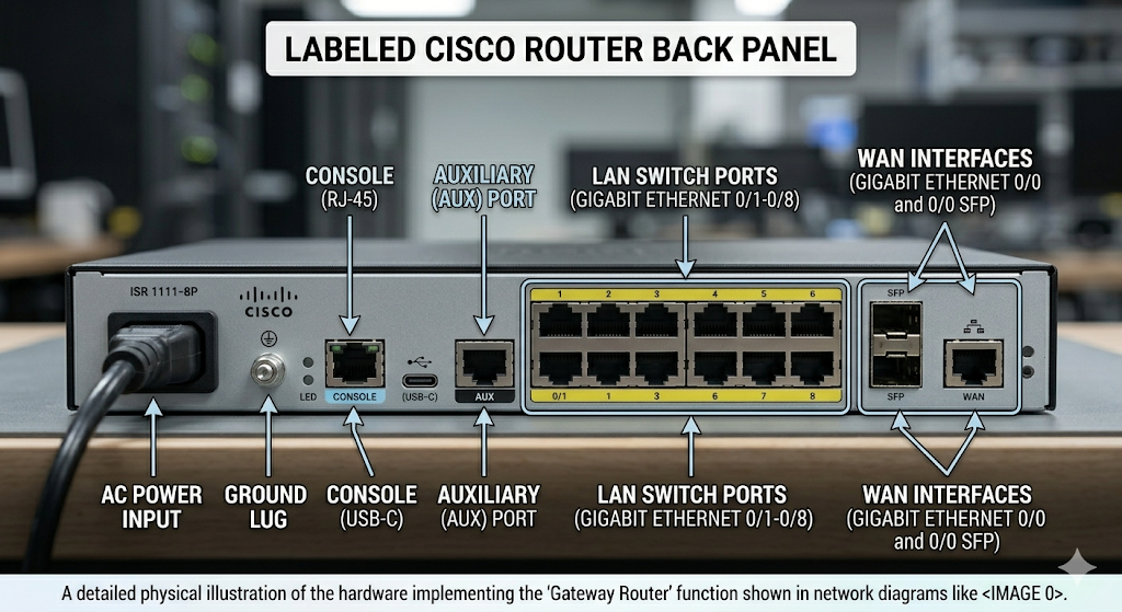 Cisco router back panel with arrows pointing to each port type