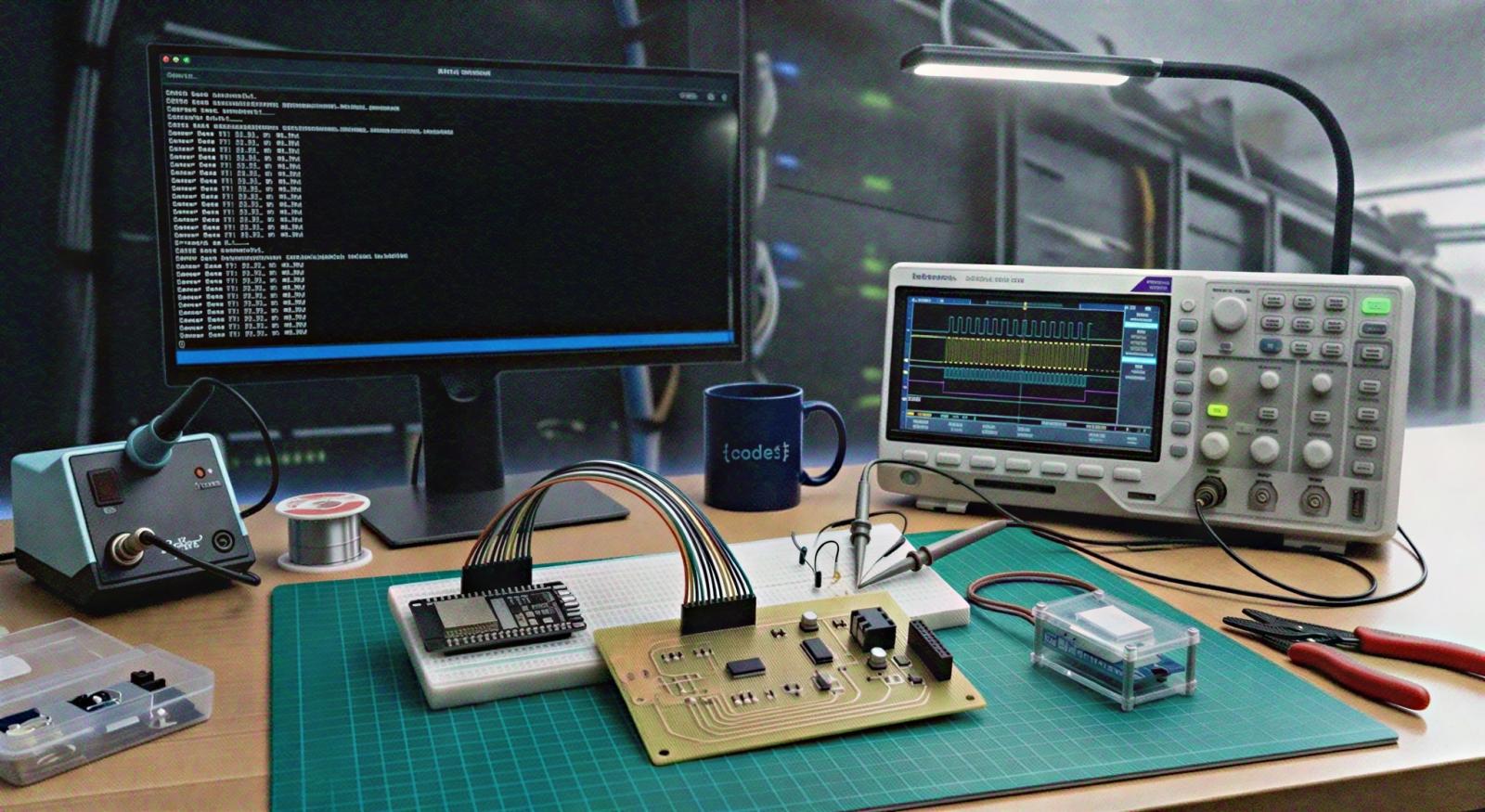 Electronics lab with oscilloscope, ESP32, soldering iron and protoboard