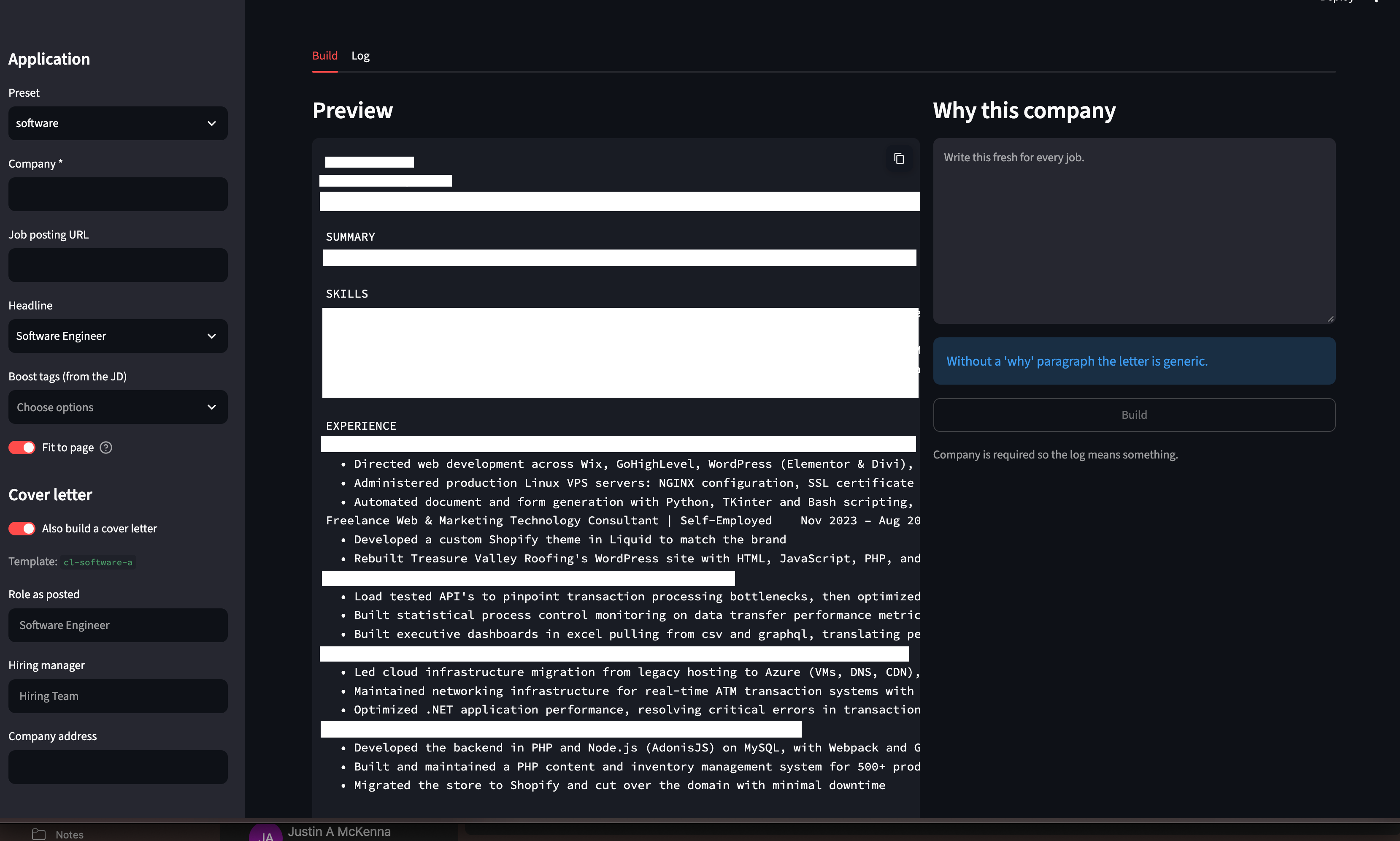 Fitted web app with a preset selected and a live text preview of the tailored resume.