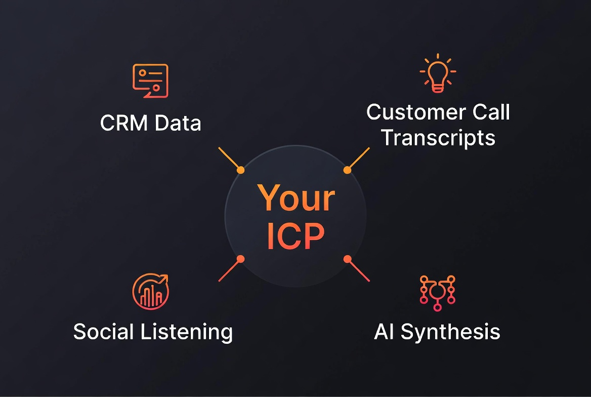 ICP data sources CRM customer interviews social listening AI synthesis