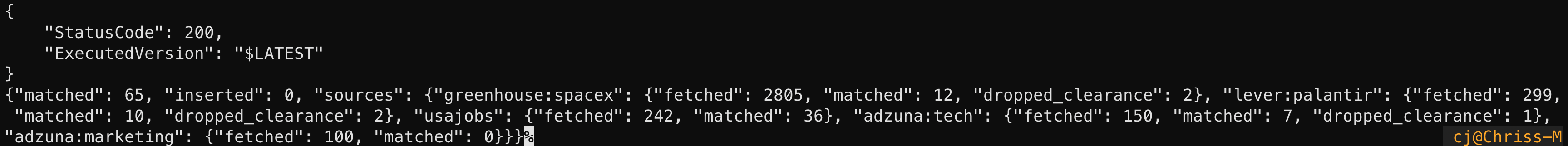 Lambda output showing jobs dropped for requiring an active TS/SCI clearance