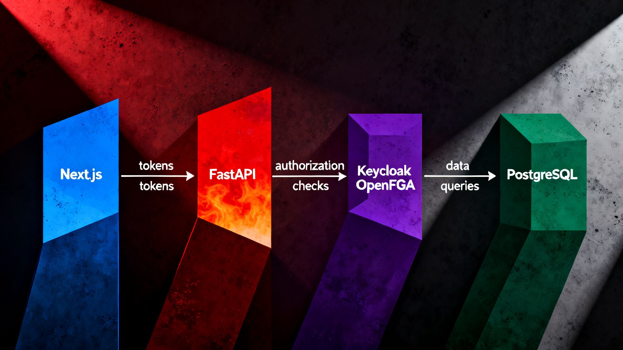FastAPI gateway architecture Keycloak authentication OpenFGA authorization PostgreSQL