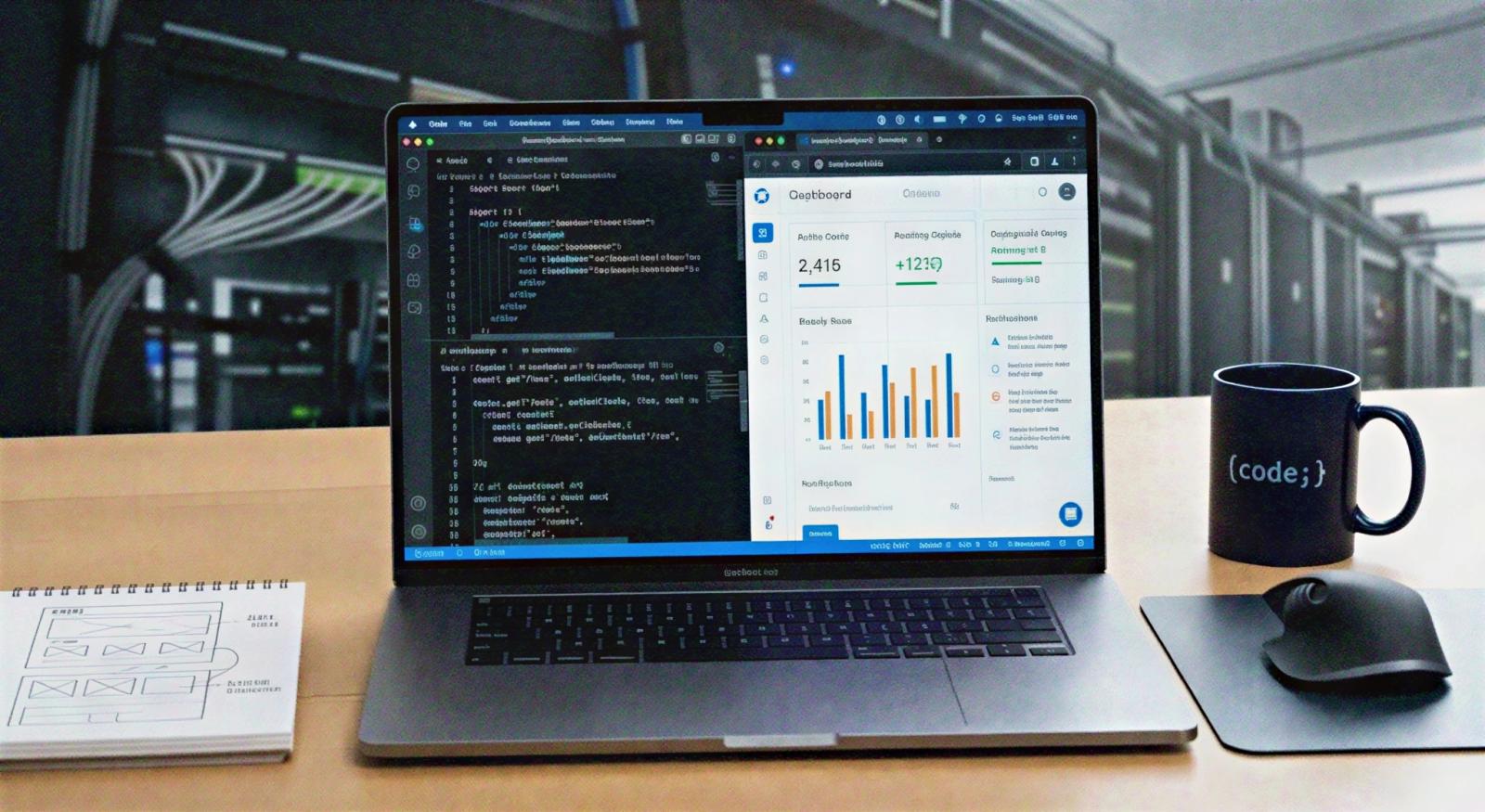laptop setup within a server room with coding and analytics.