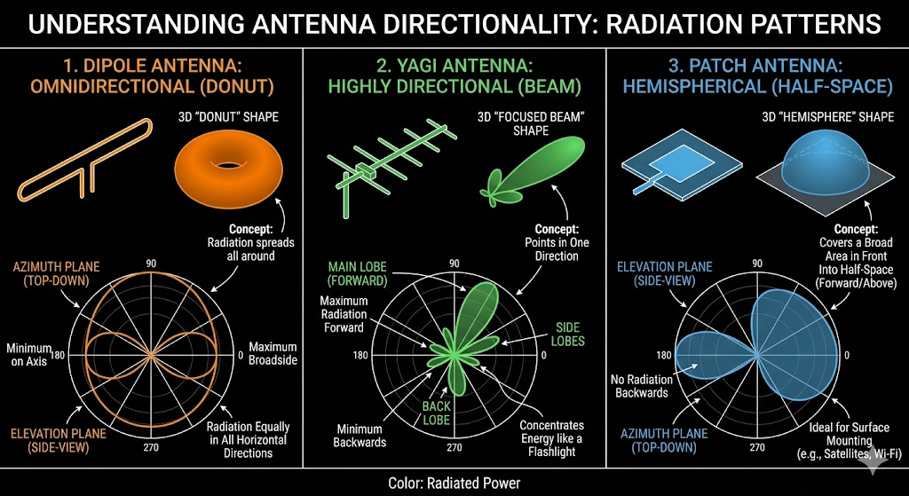 Antenna radiation pattern comparison dipole Yagi patch omnidirectional directional
