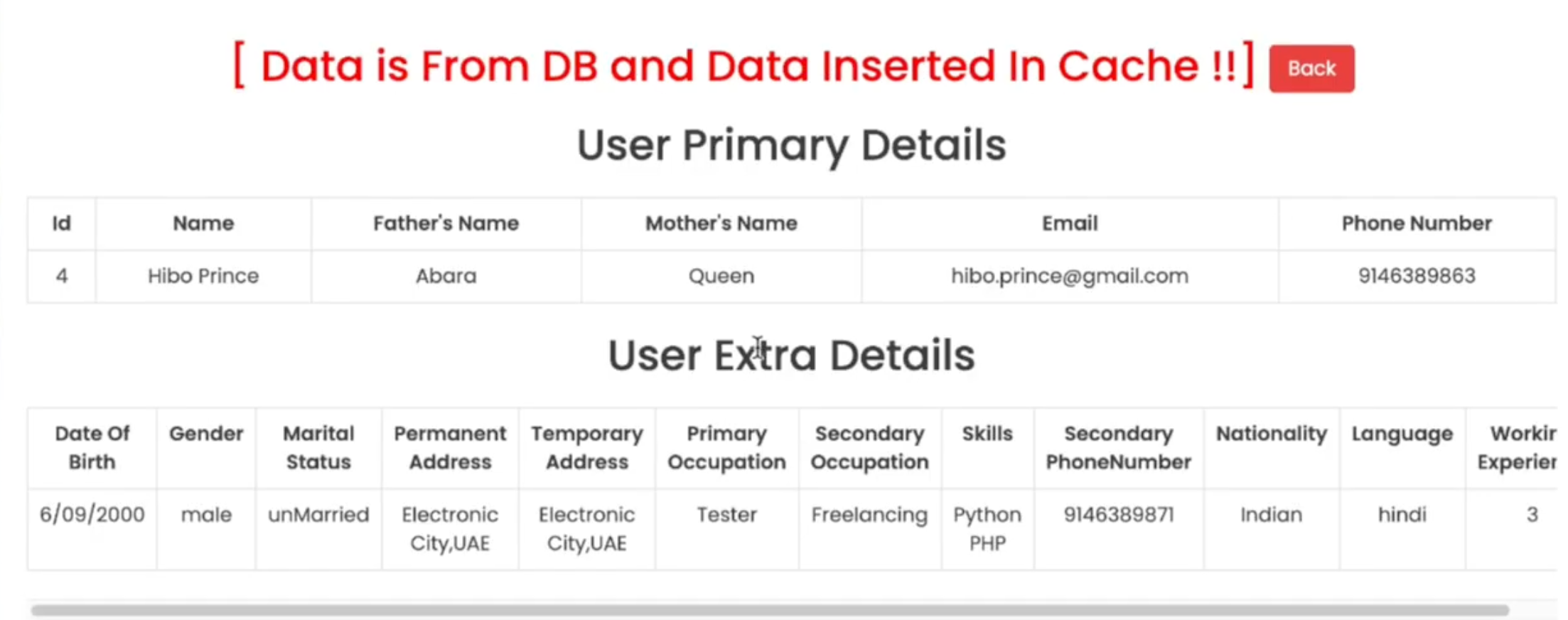 screenshots showing "data is from DB"