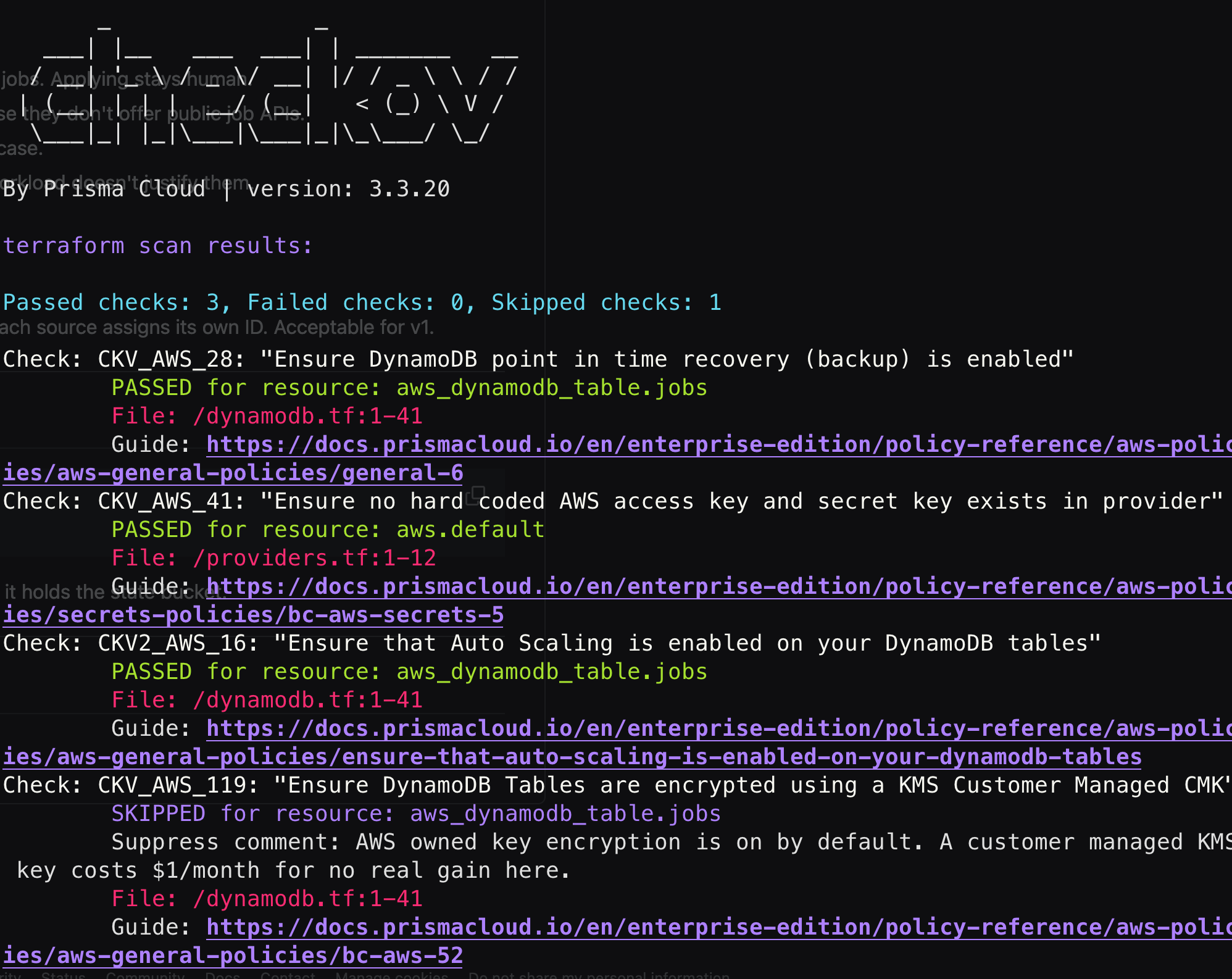 checkov security scan results showing passed Terraform checks