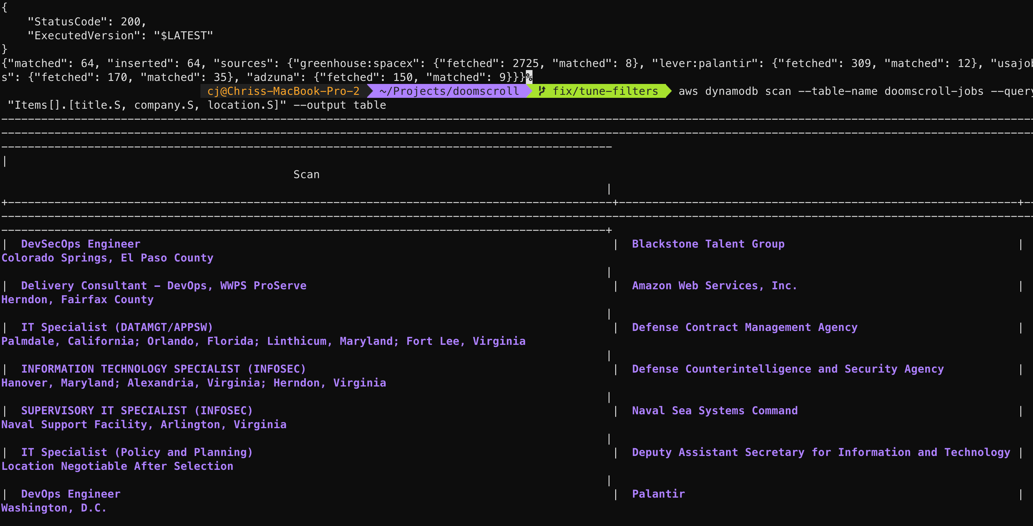 Job filter funnel: 2,725 SpaceX postings cut to 8 by keyword, level, and location