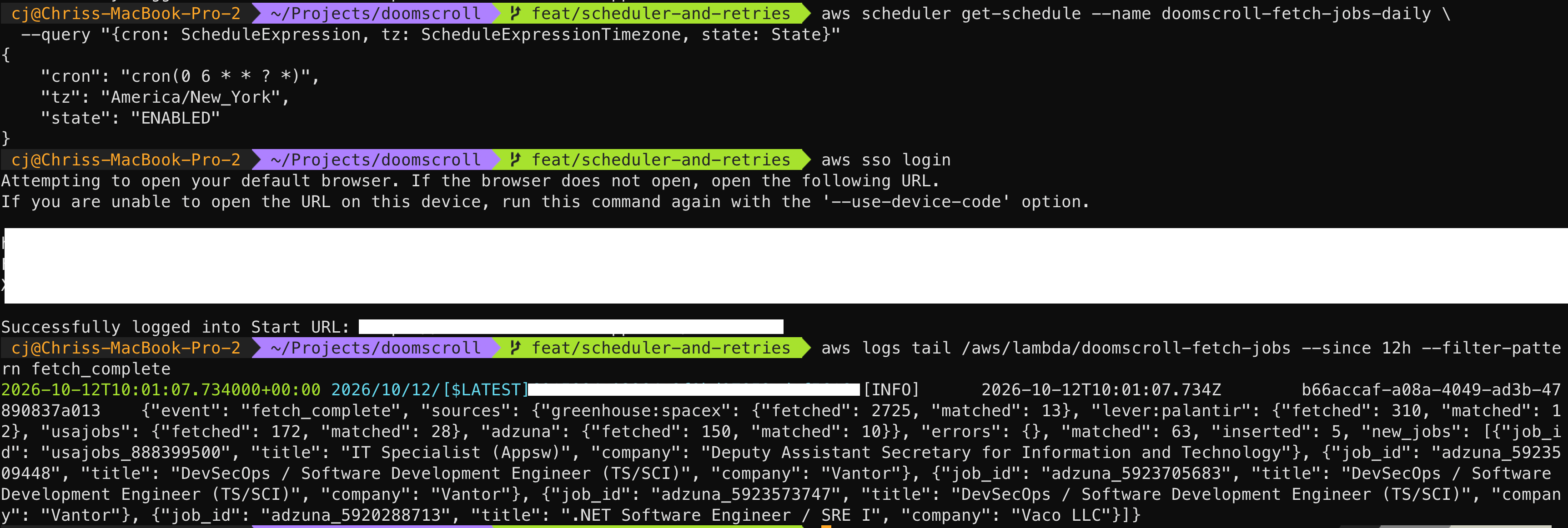 CloudWatch log showing duplicate TS/SCI job postings inserted by the job tracker