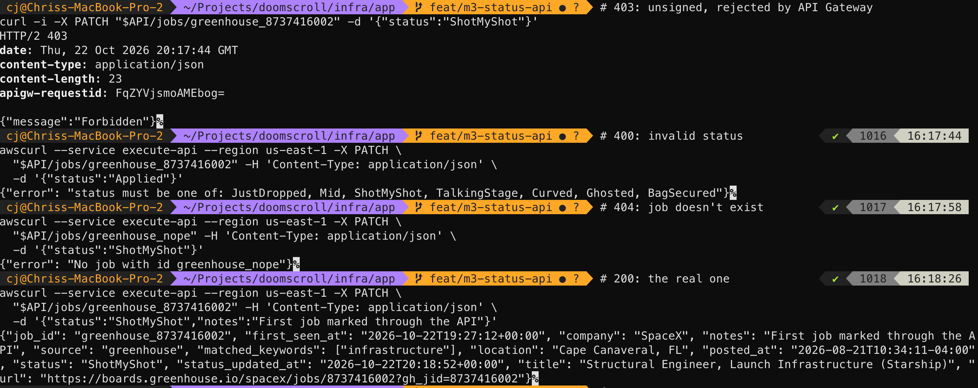 API Gateway IAM auth returning 403, 400, 404, and 200 for a job status update