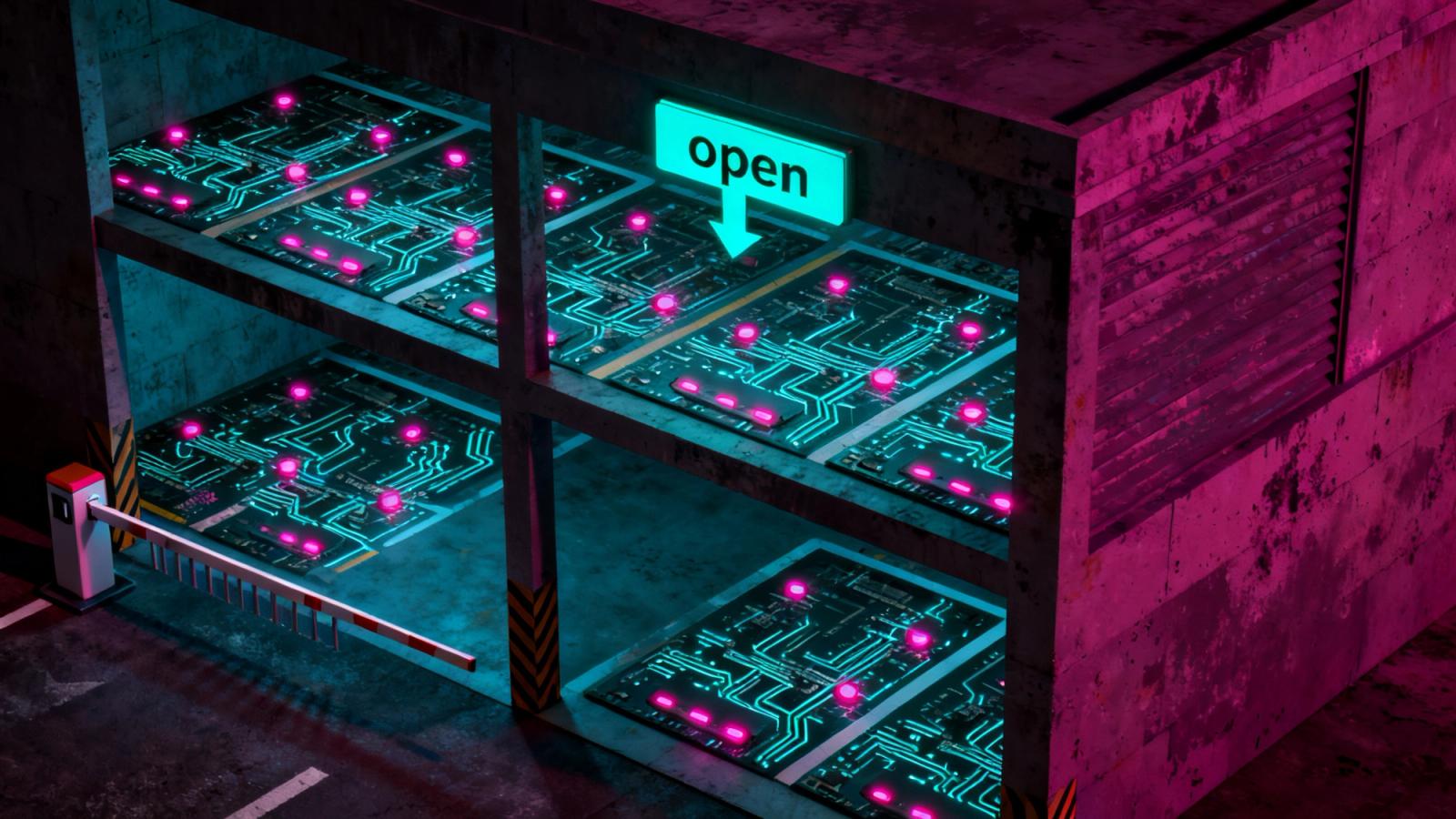 Isometric illustration of a two level smart parking garage built on top of a glowing circuit board