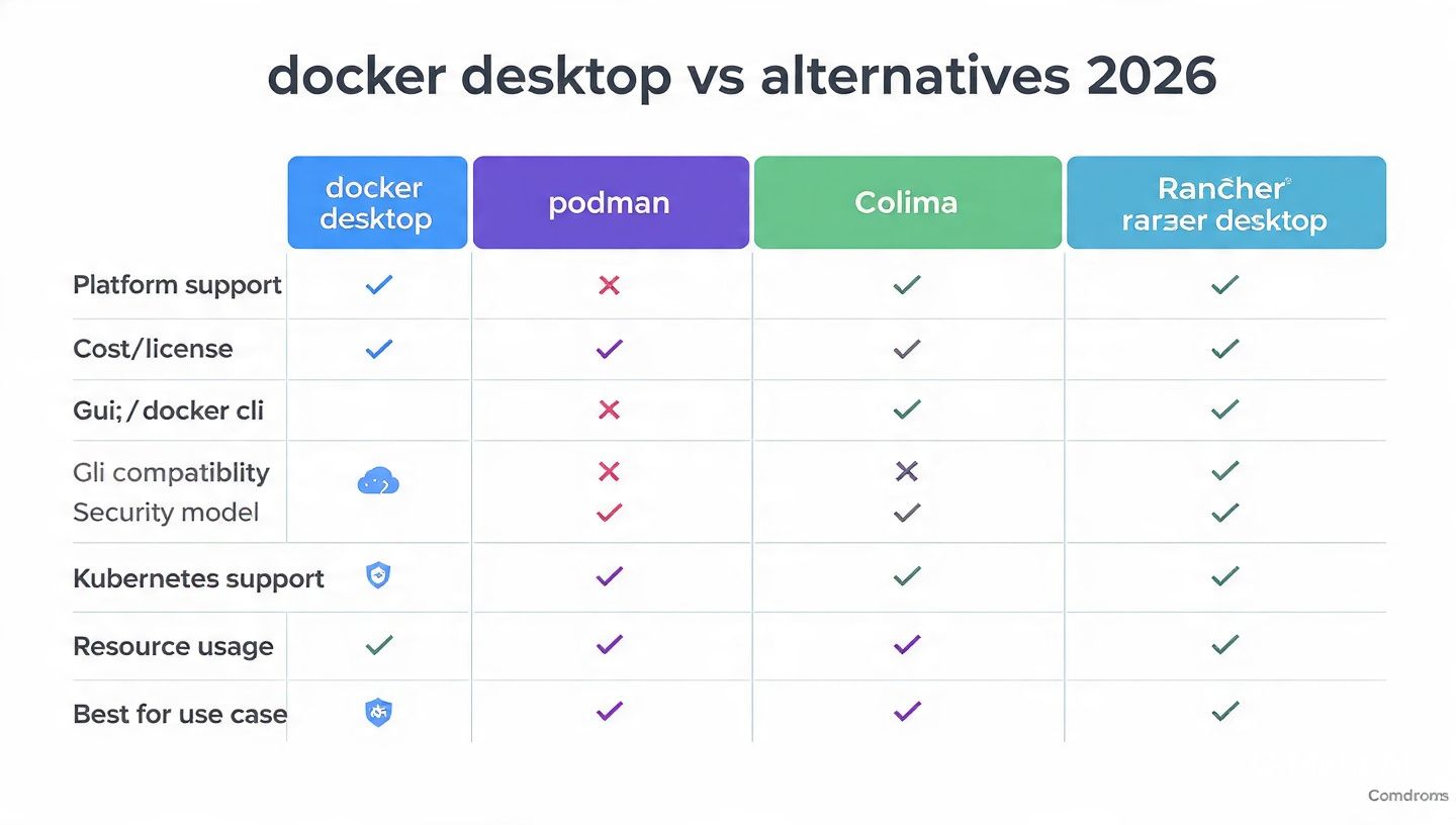  Docker Desktop vs Podman Colima Rancher Desktop alternatives comparison