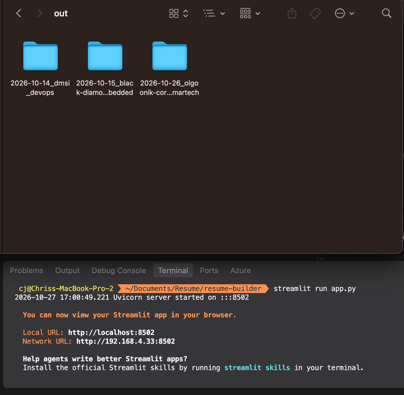 Terminal output of Fitted building a tailored resume into a dated output folder