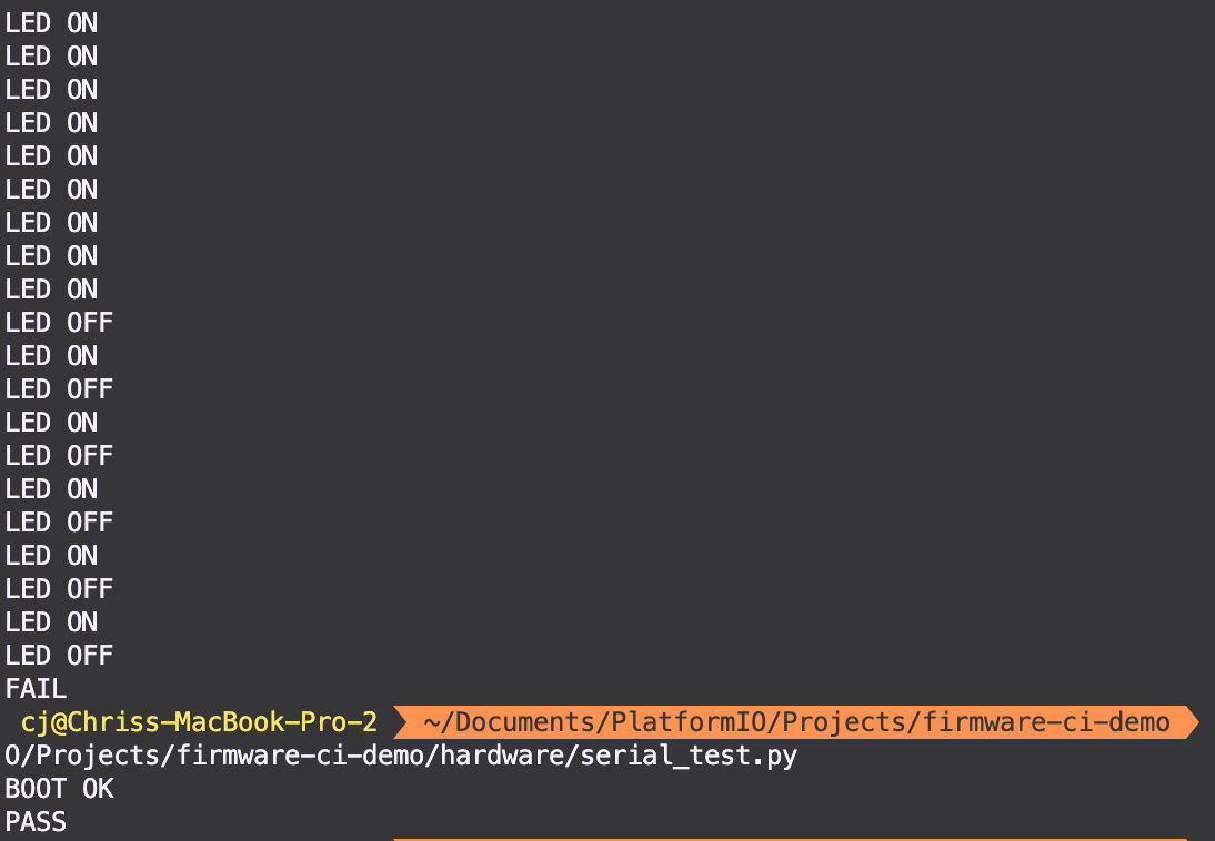 Serial test output showing LED ON/OFF blink cycles with PASS result