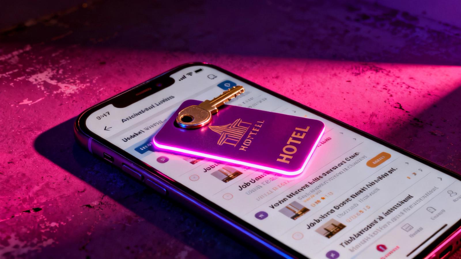 Phone doomscrolling job listings with a hotel keycard representing keyless AWS access