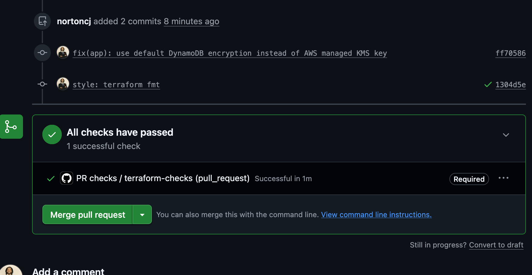 GitHub pull request showing required Terraform checks passed before merge