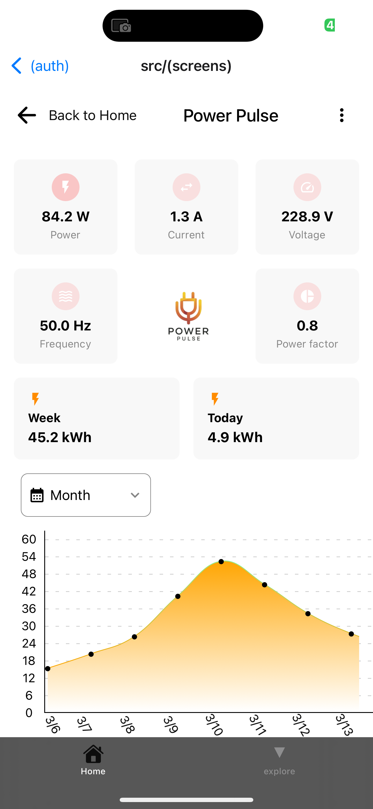 Power Pulse mobile app showing real-time energy consumption meter