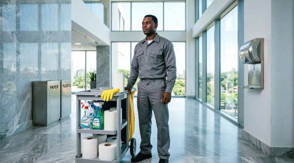 Carrinho de limpeza, dispensers e lixeiras de pedal em hospital