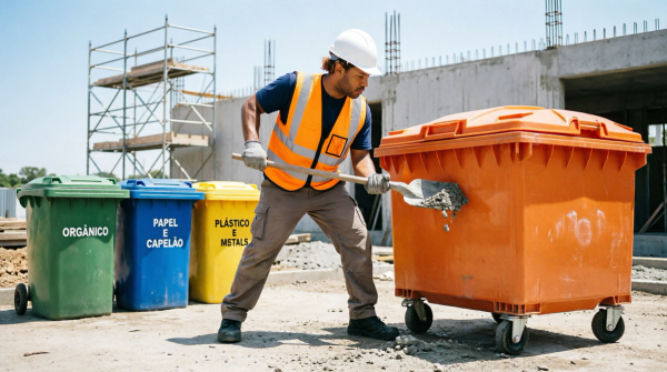 Funcionário descartando resíduos em contentor no pátio de construtora