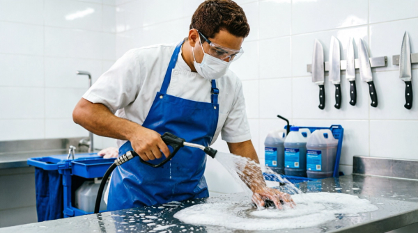 Profissional desengordurando cozinha industrial de restaurante