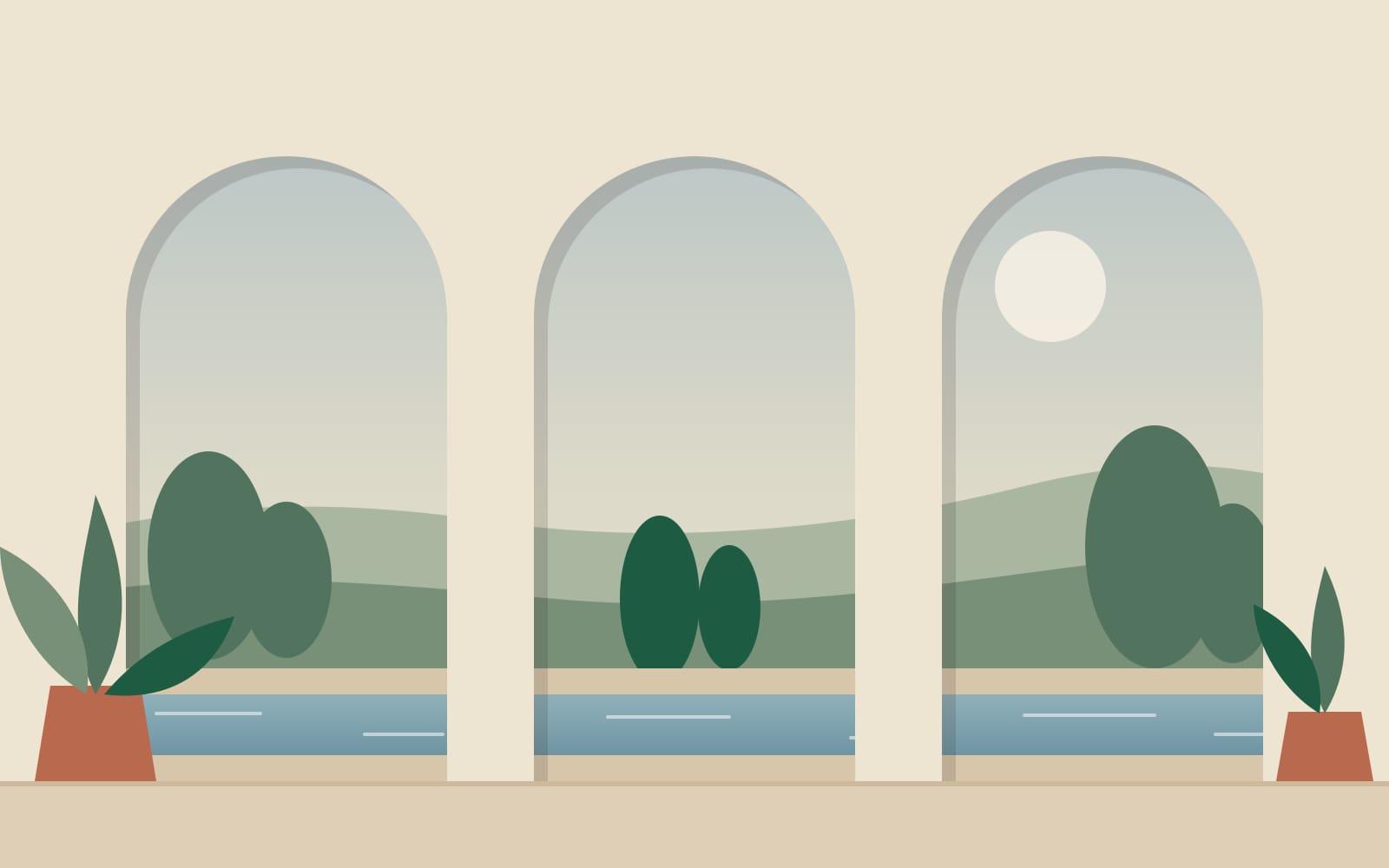 Illustration of three tall arches opening onto a garden terrace and a lap pool.