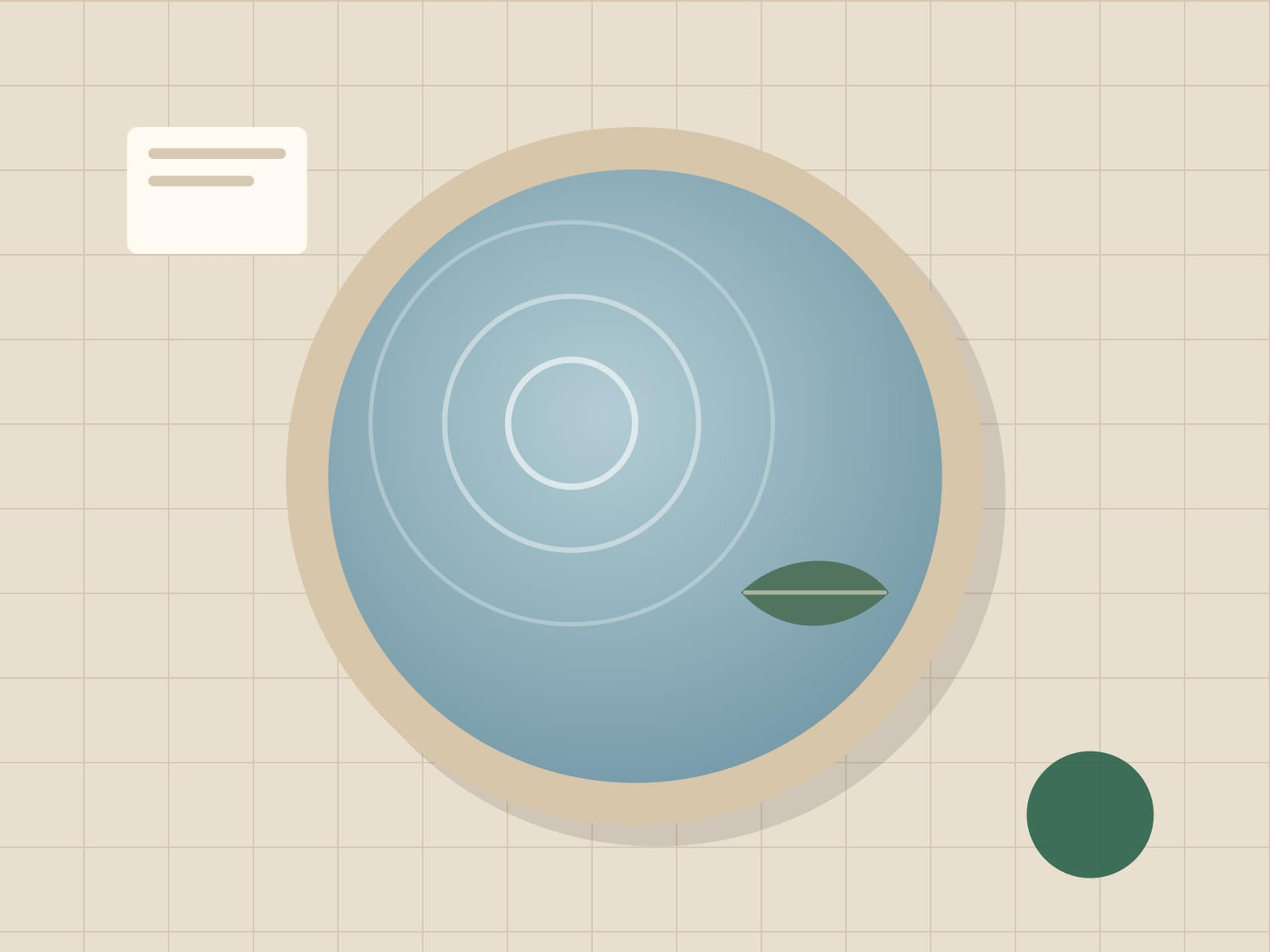 Illustration of a round cold plunge pool seen from above, with ripples and a floating leaf.