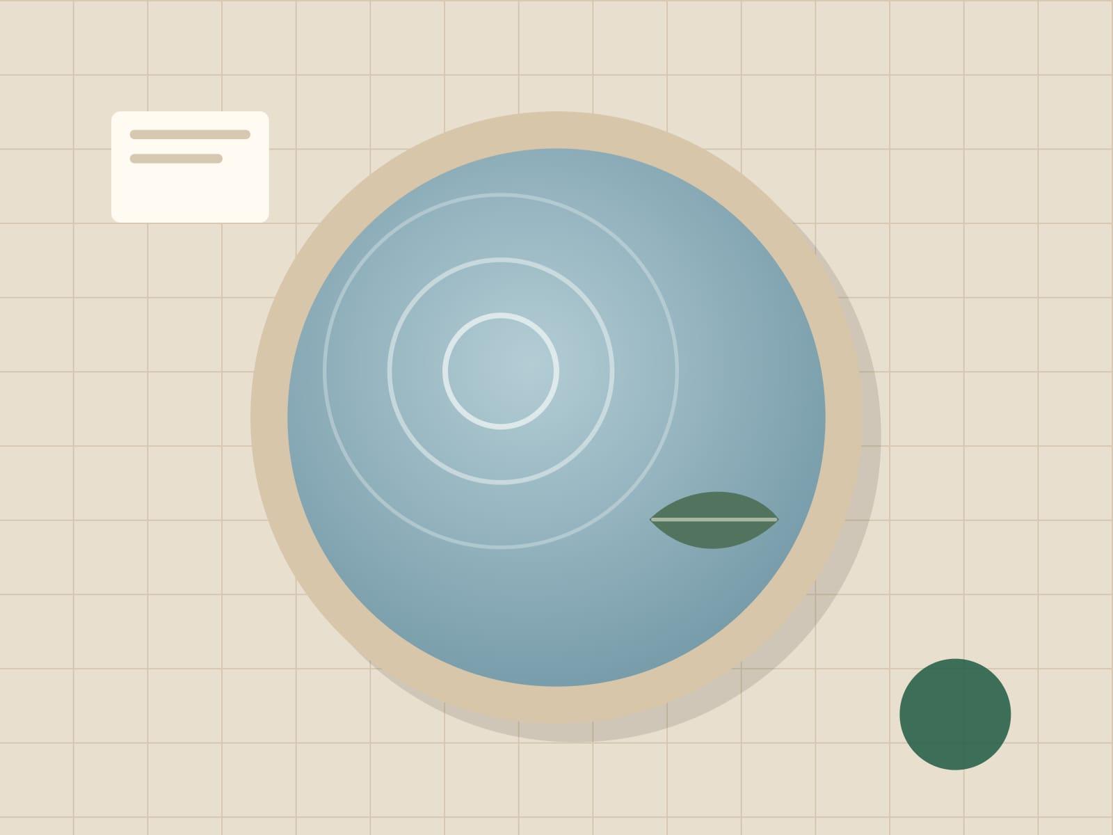 Illustration of a round cold plunge pool seen from above, with ripples and a floating leaf.