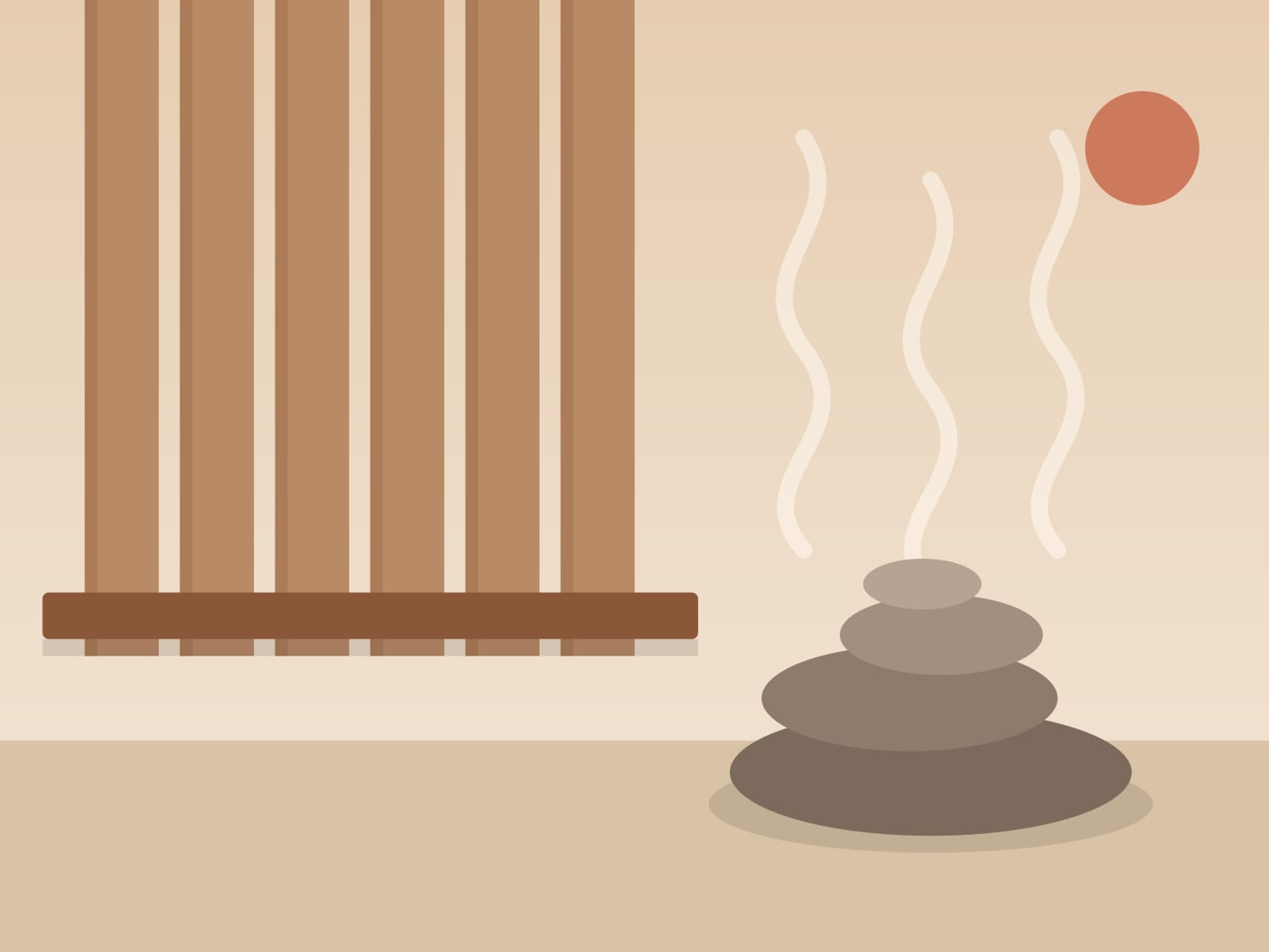 Illustration of timber sauna slats, rising steam and a stack of warm stones.