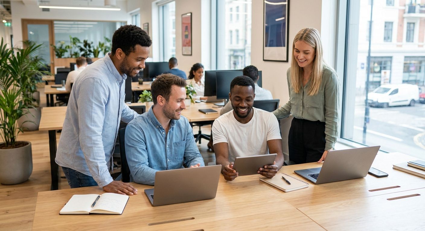 Pleased employees in a office setting without any text only small smiles 