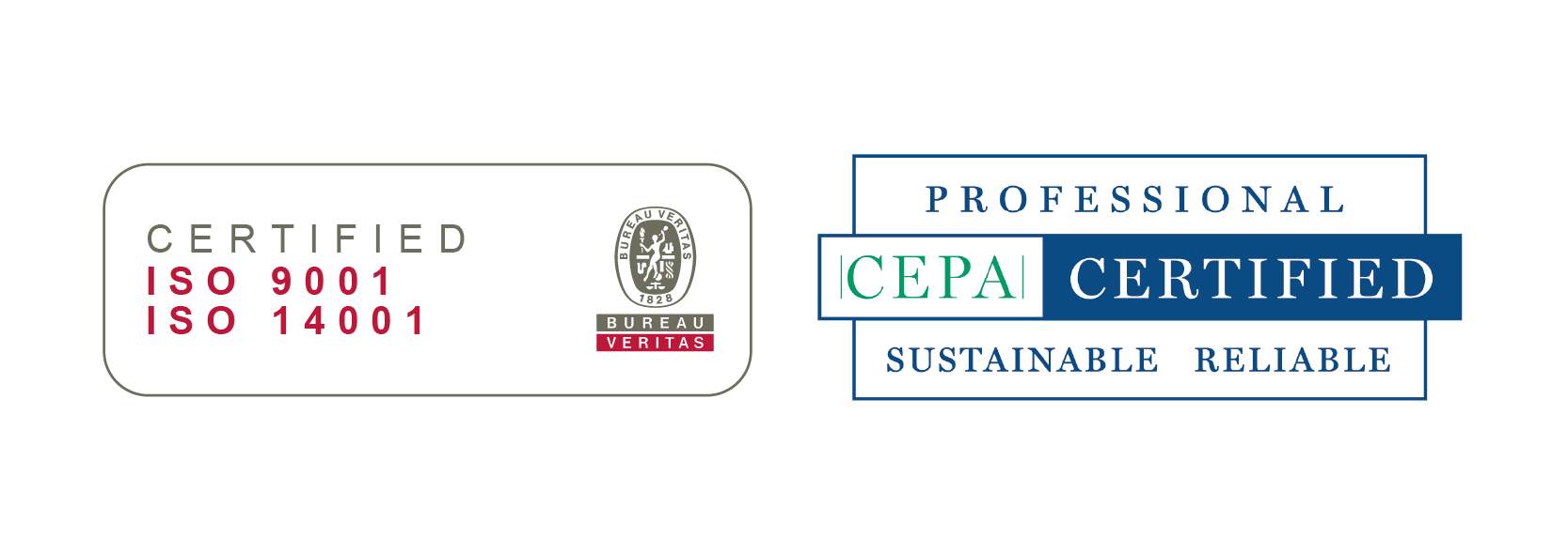 ISO 9001, ISO 14001 ja CEPA -sertifikaatit.