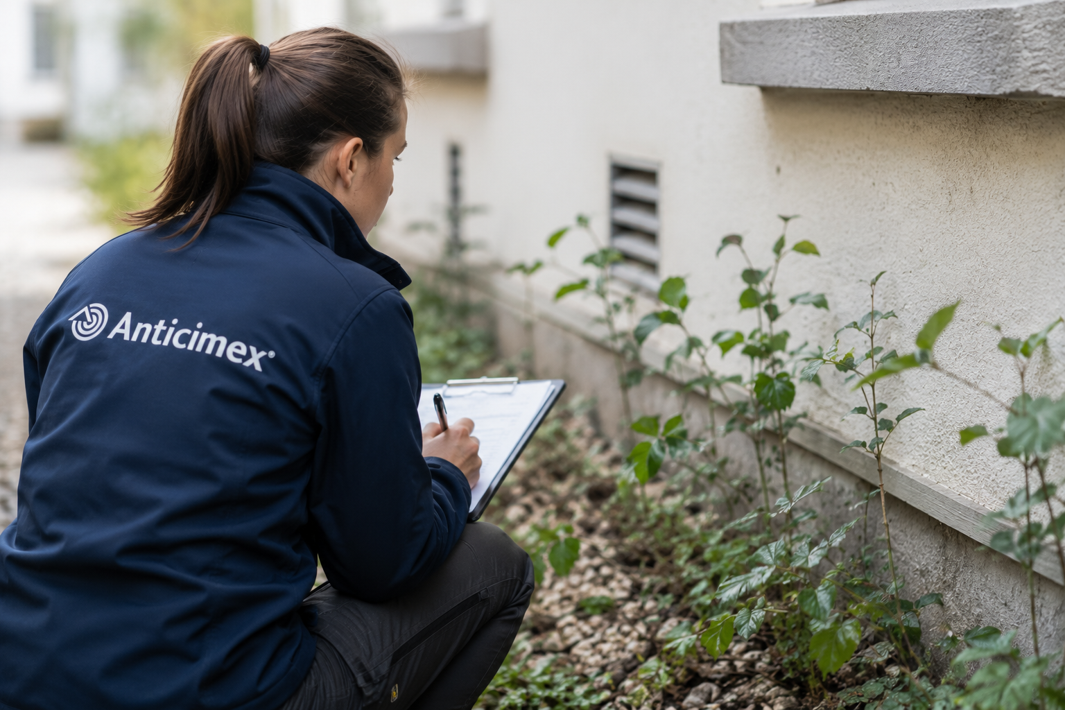 Un technicien Anticimex réalise un diagnostic en complétant une fiche d'inspection lors du contrôle extérieur d'un bâtiment.